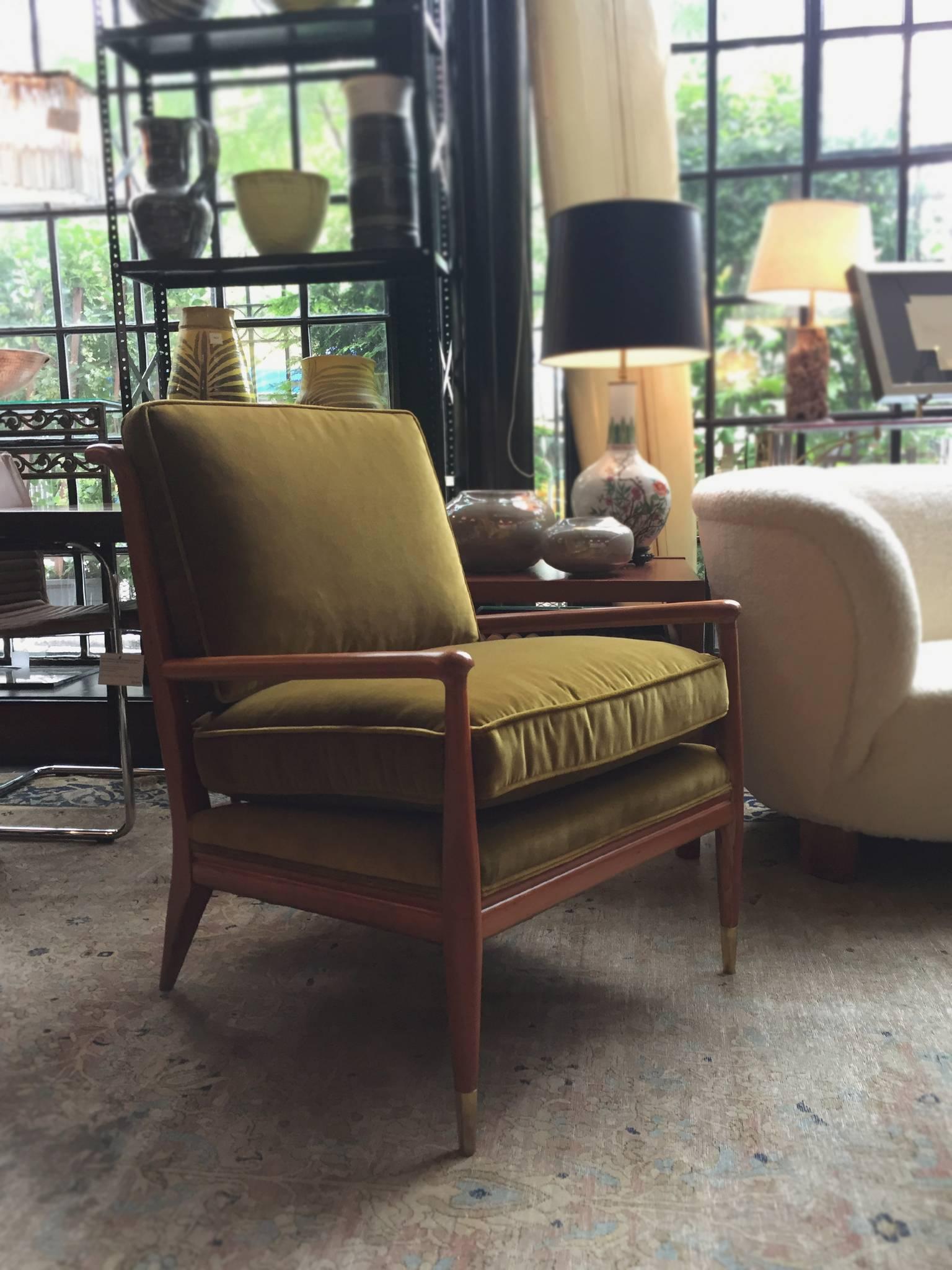Velvet Pair of Midcentury Maple Lounge Chairs by John Stuart for Widdicomb