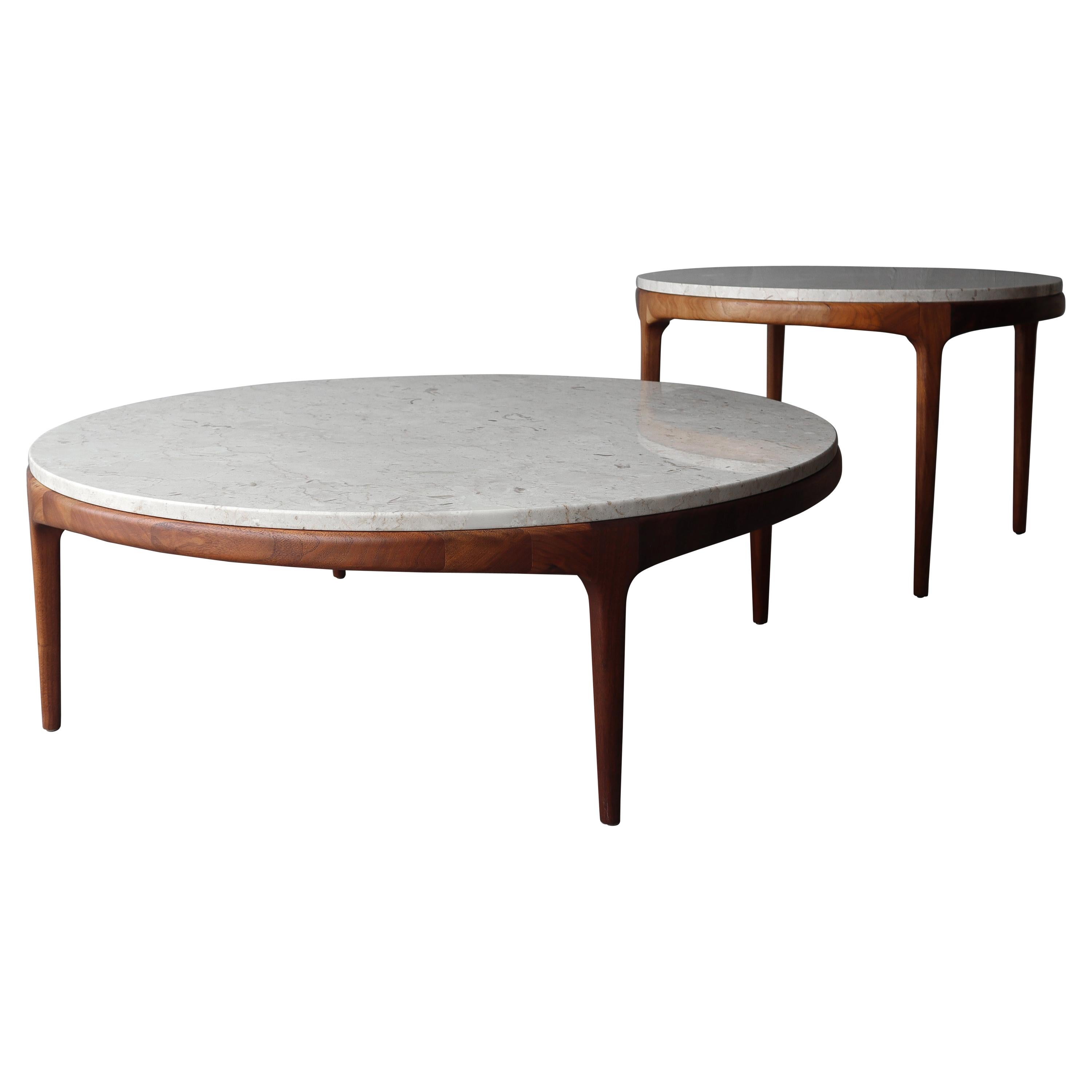 Pair of Midcentury Marble and Walnut Coffee Tables