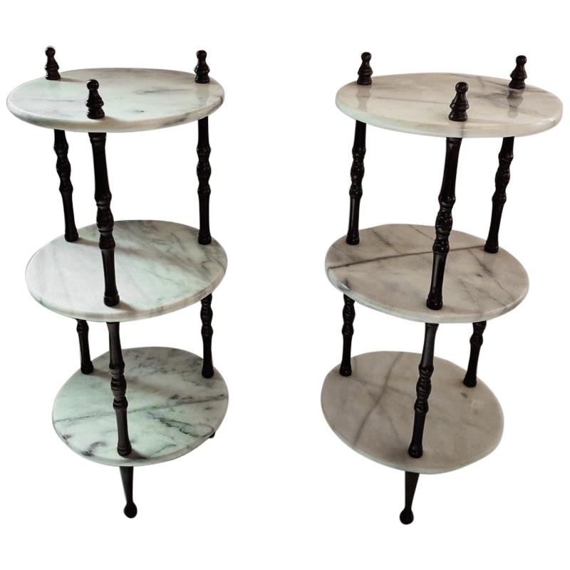 Pair of Midcentury Marble and Wood Spindle 3-Tier Tables