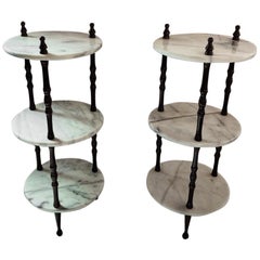 Vintage Pair of Midcentury Marble and Wood Spindle 3-Tier Tables