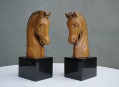 Pair of Midcentury Marble and Wooden Horse Head Bookends