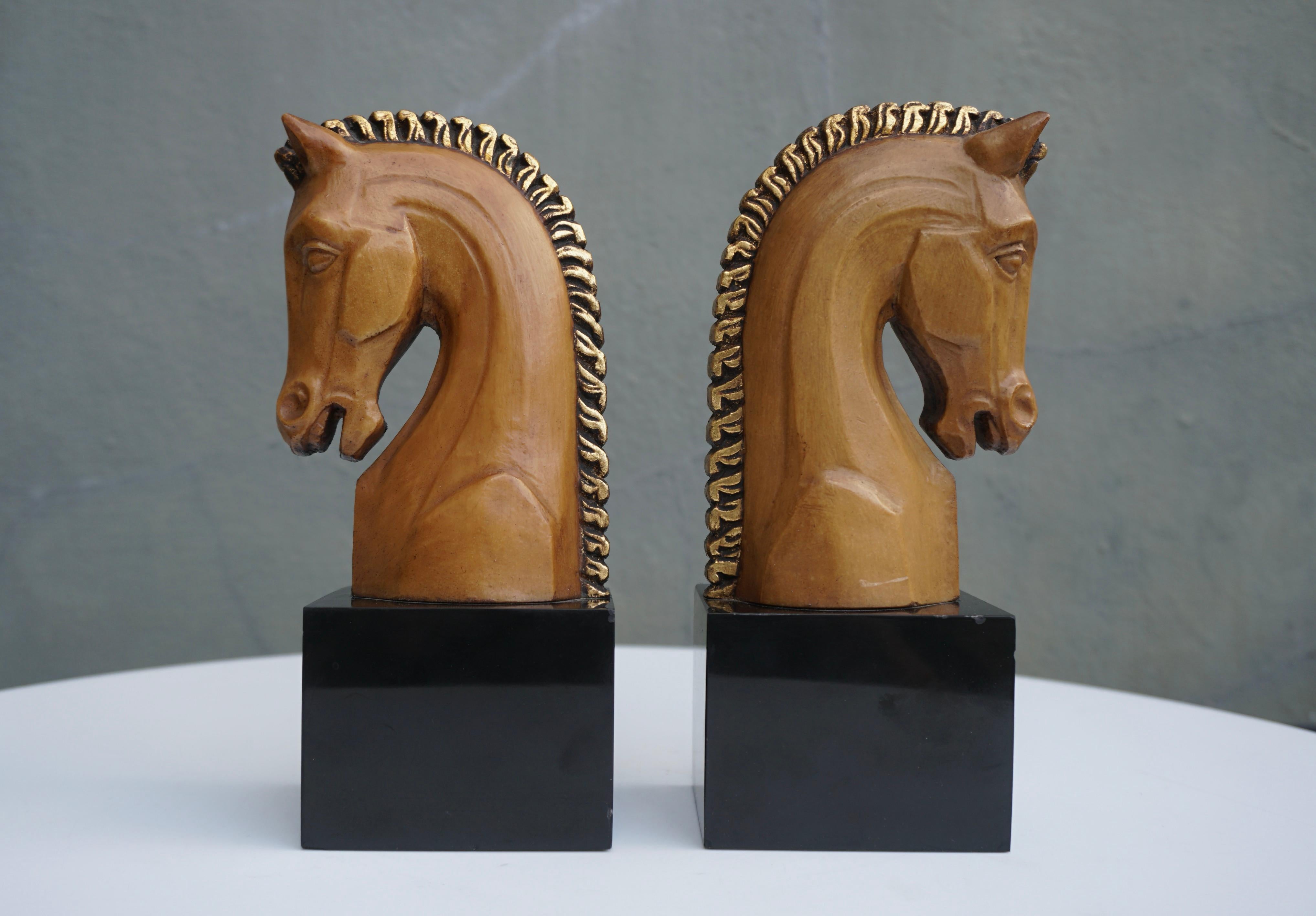 French Pair of Midcentury Marble and Wooden Horse Head Bookends For Sale