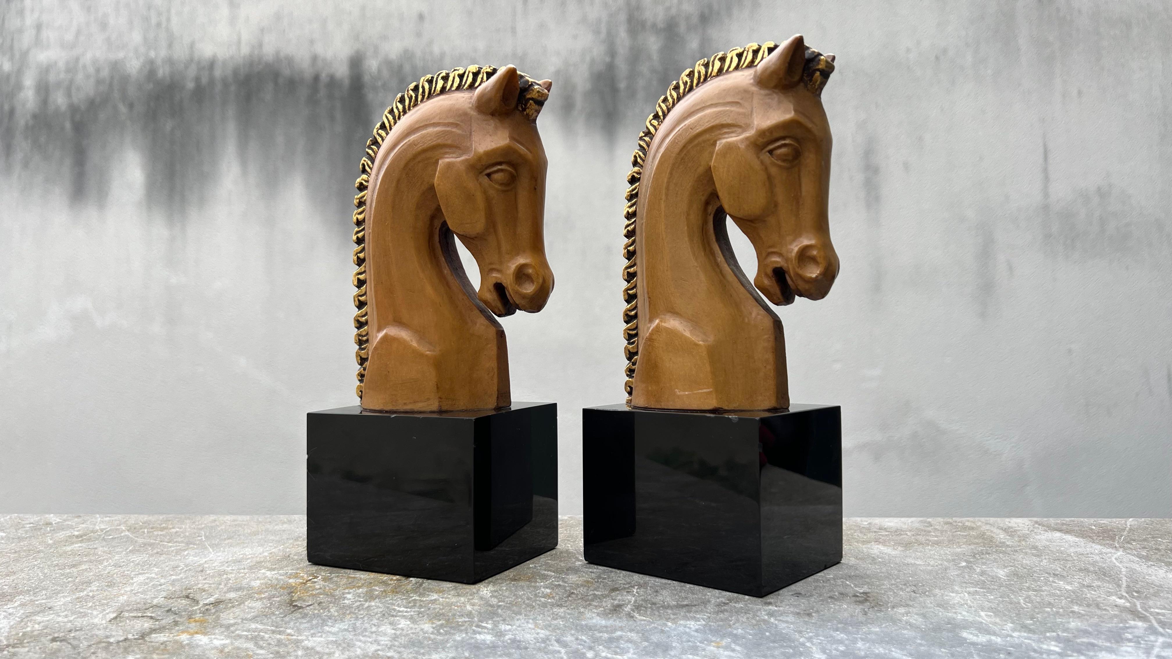 French Pair of Midcentury Marble and Wooden Horse Head Bookends For Sale