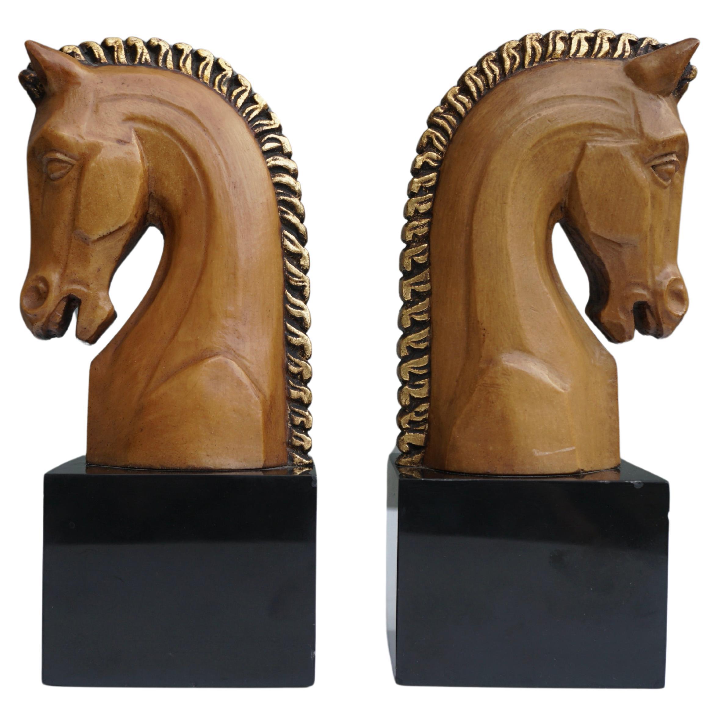 Pair of Midcentury Marble and Wooden Horse Head Bookends For Sale
