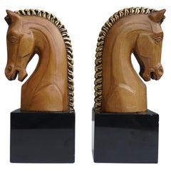 Retro Pair of Midcentury Marble and Wooden Horse Head Bookends