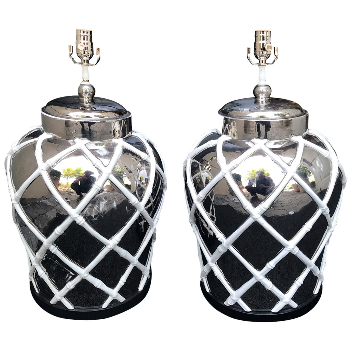 Pair of Mid-20th Century Mercury Glass Lamps with Faux Bamboo Lattice For Sale