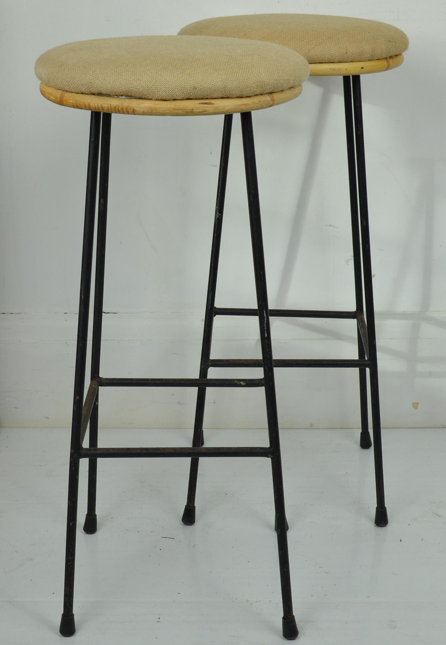 Mid-Century Modern Pair of Midcentury Metal and Bamboo Bar Stools, 1950s