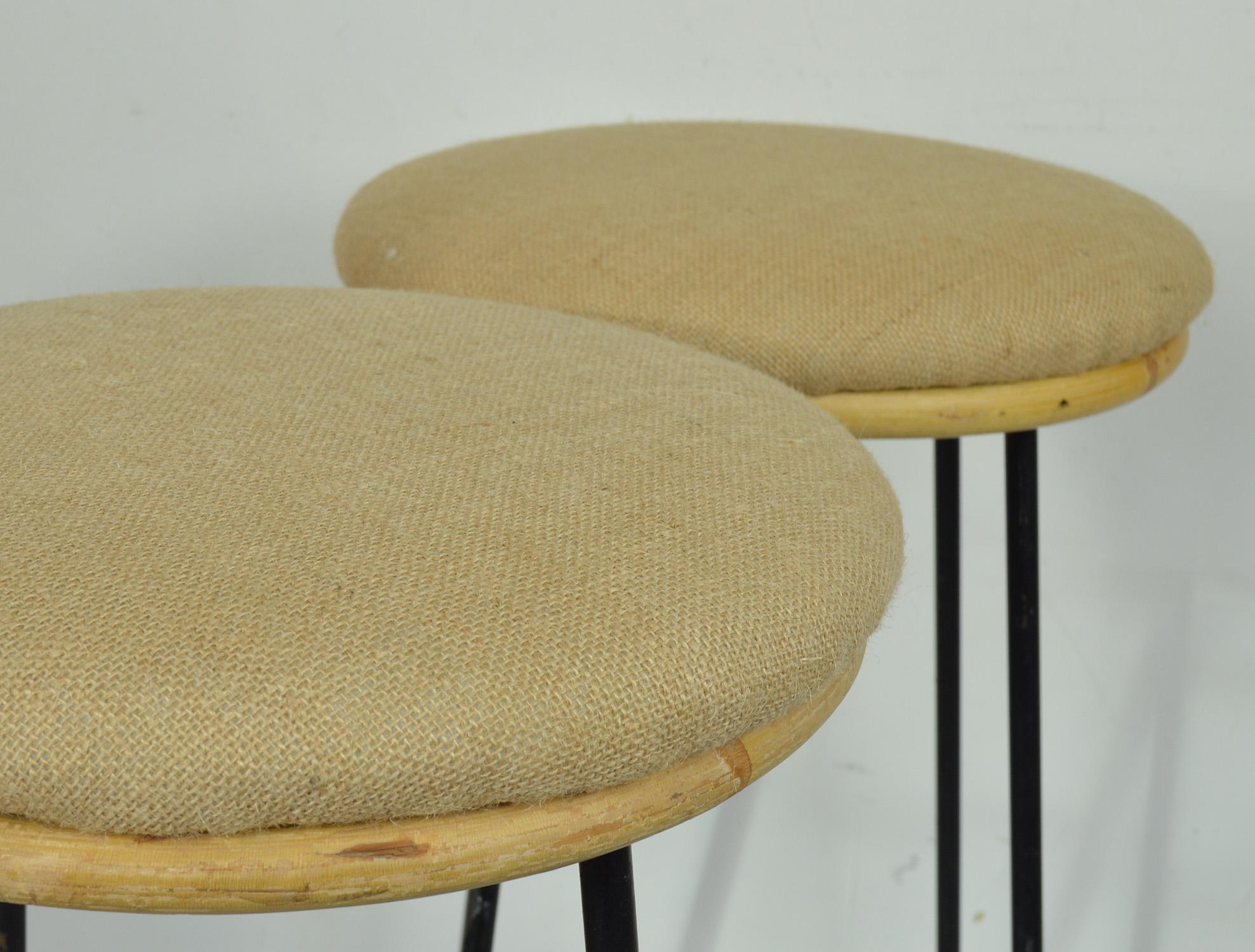 Italian Pair of Midcentury Metal and Bamboo Bar Stools, 1950s