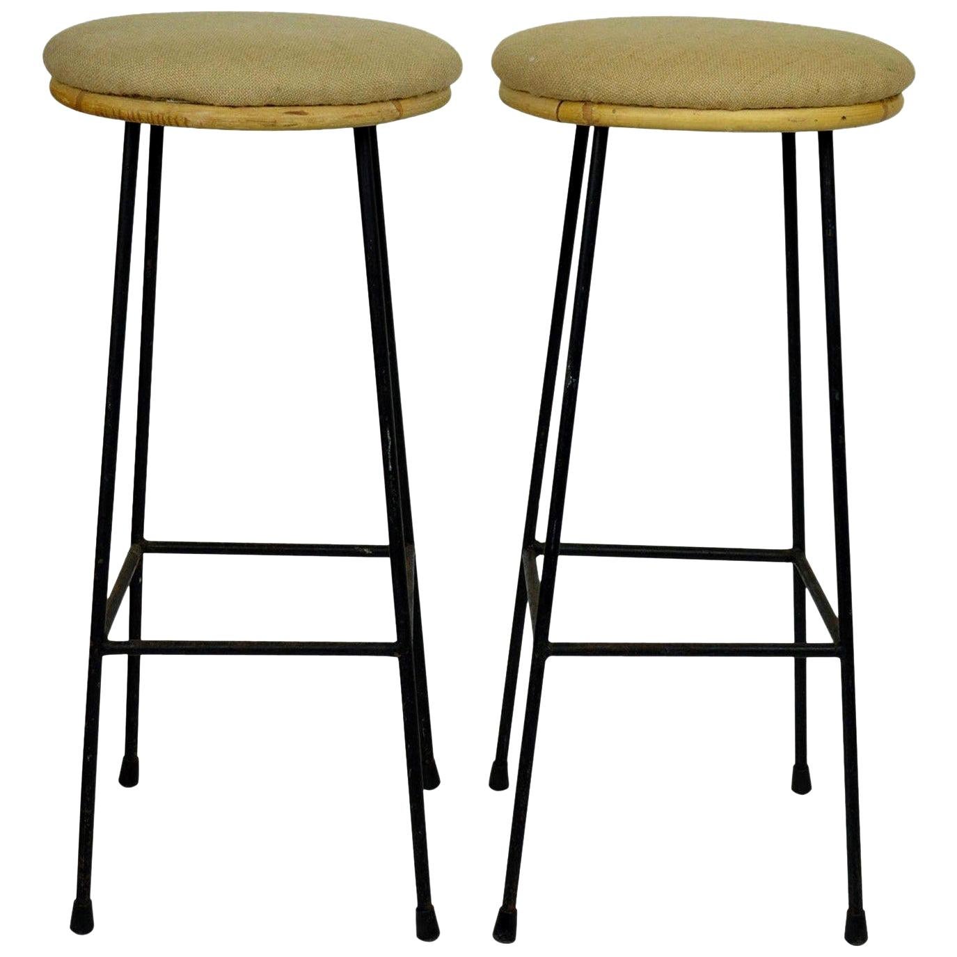 Pair of Midcentury Metal and Bamboo Bar Stools, 1950s