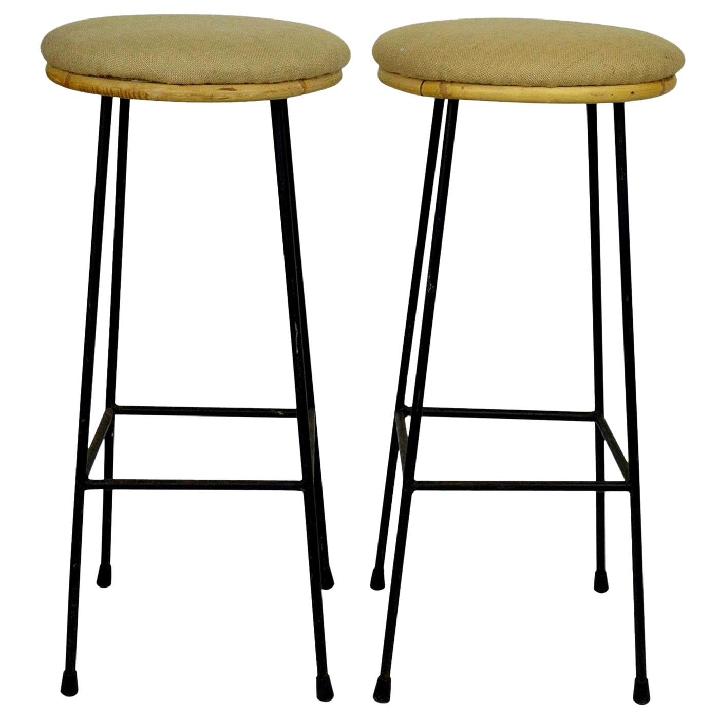 Pair of Midcentury Metal and Bamboo Bar Stools, 1950s