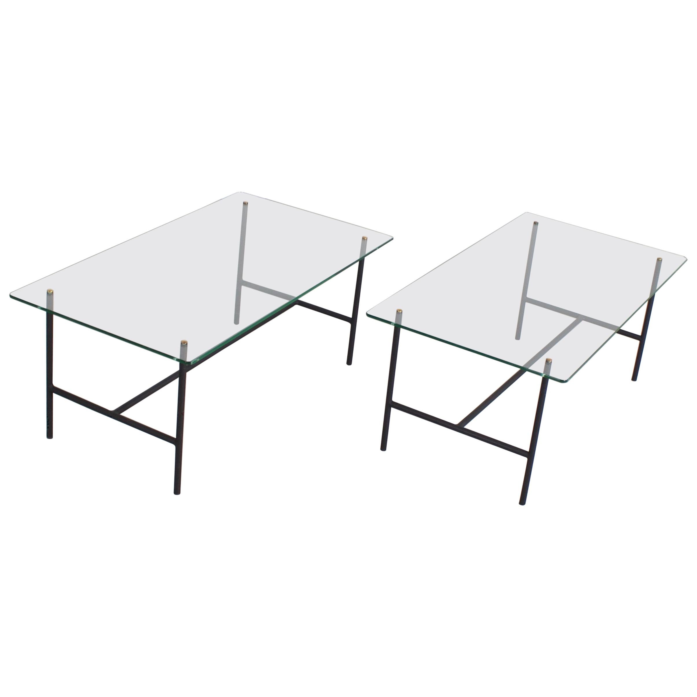 Pair of Midcentury Metal and Glass Tables by Pierre Guariche, France, 1950s