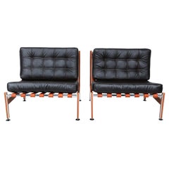 Black Leather & Mahogany Barcelona Style Lounge Chairs Mexican Modernism 1970s