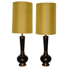 Pair of Middle Eastern Brass and Enamel Inlay Table Lamps circa 1950s