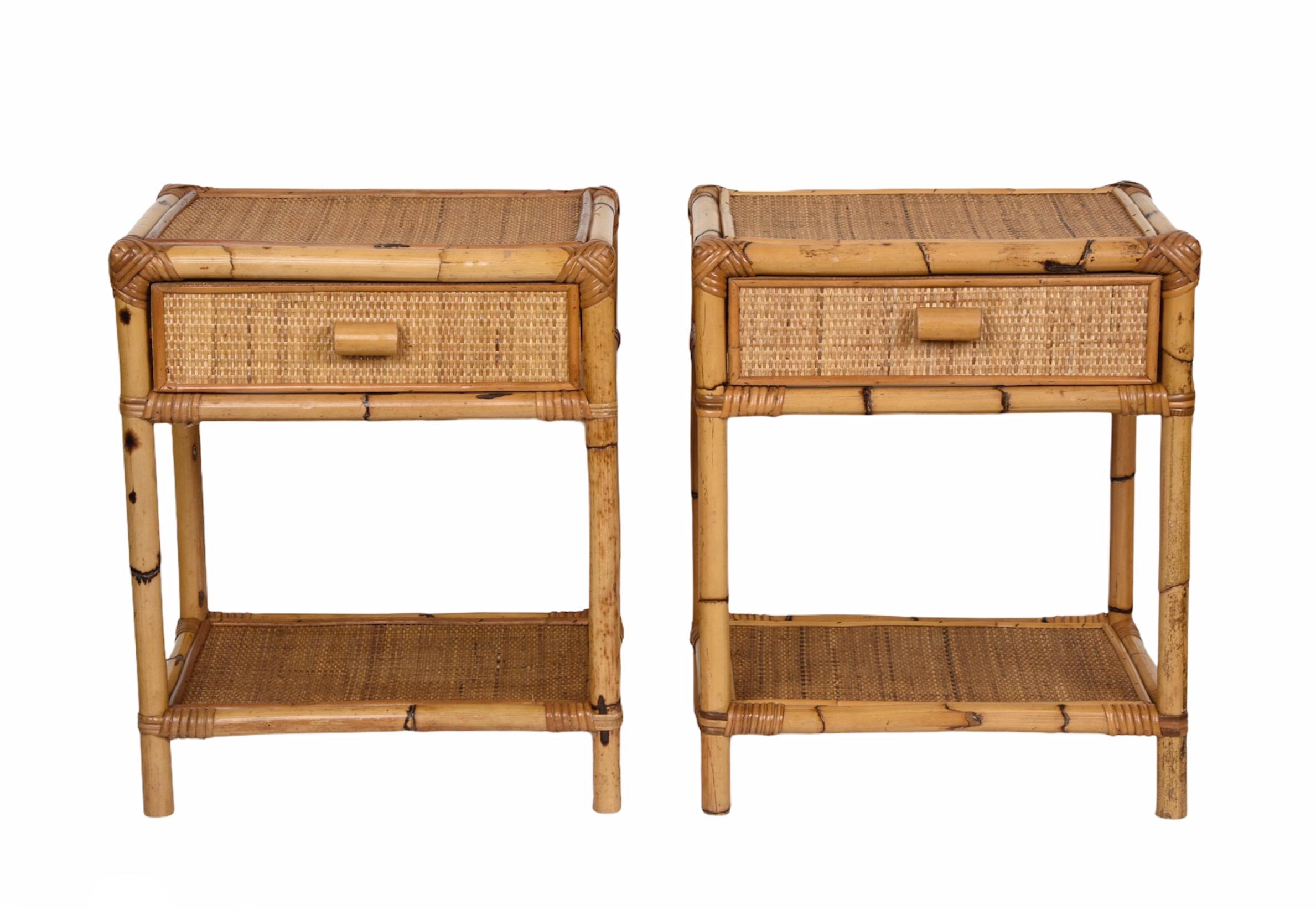 Pair of Mid-Century Modern Bamboo and Rattan Italian Bed Sideboards, 1960s 3