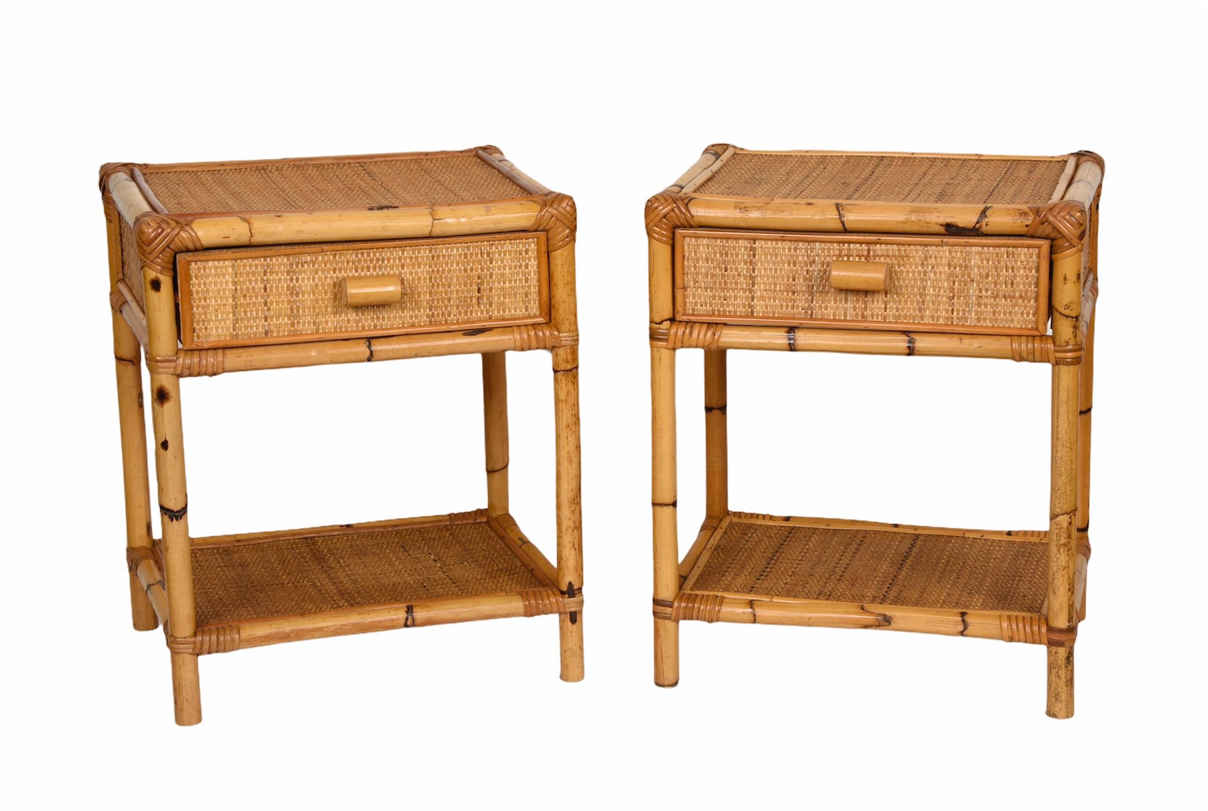 Pair of Mid-Century Modern Bamboo and Rattan Italian Bed Sideboards, 1960s 6