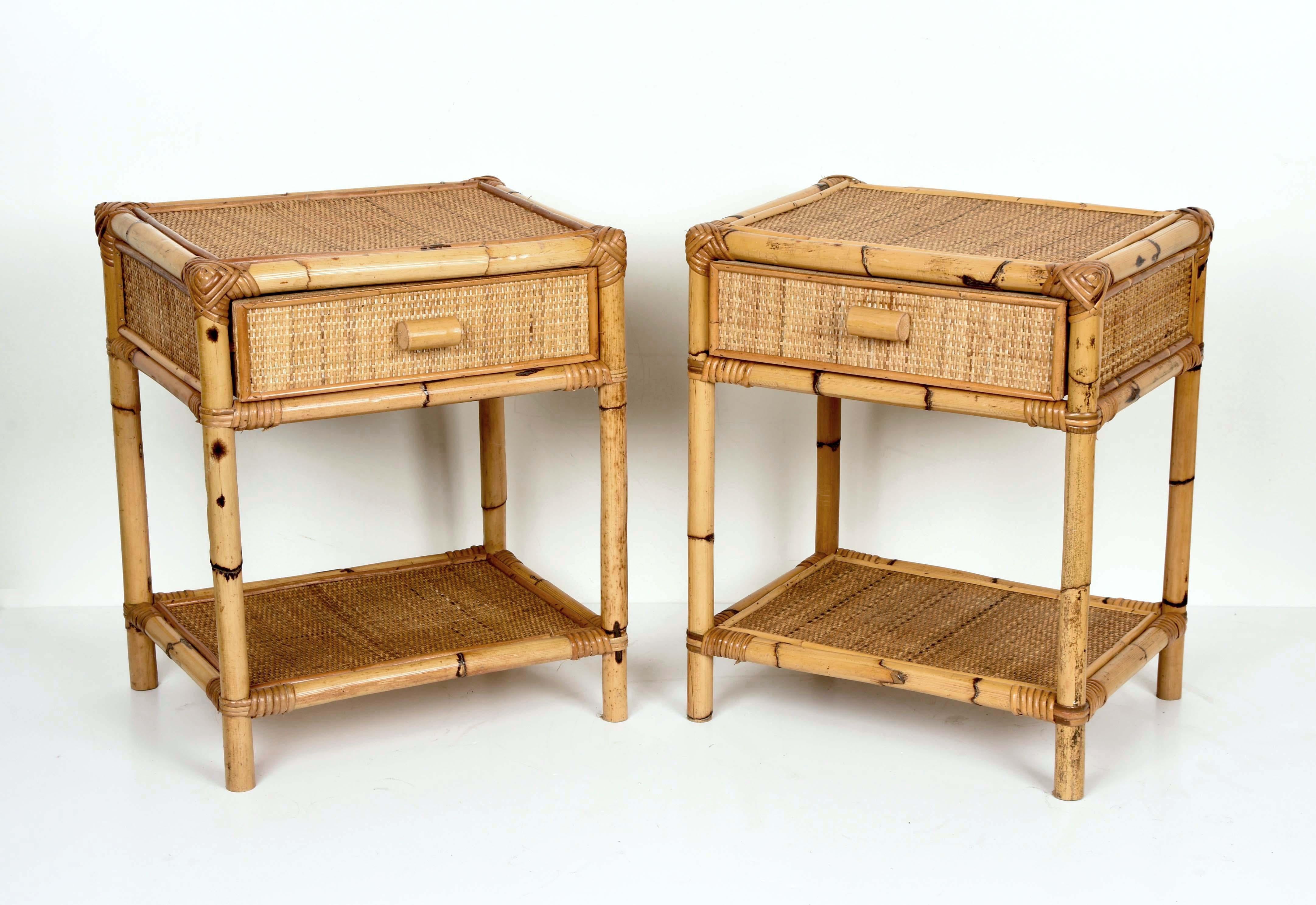 Pair of Mid-Century Modern Bamboo and Rattan Italian Bed Sideboards, 1960s 8