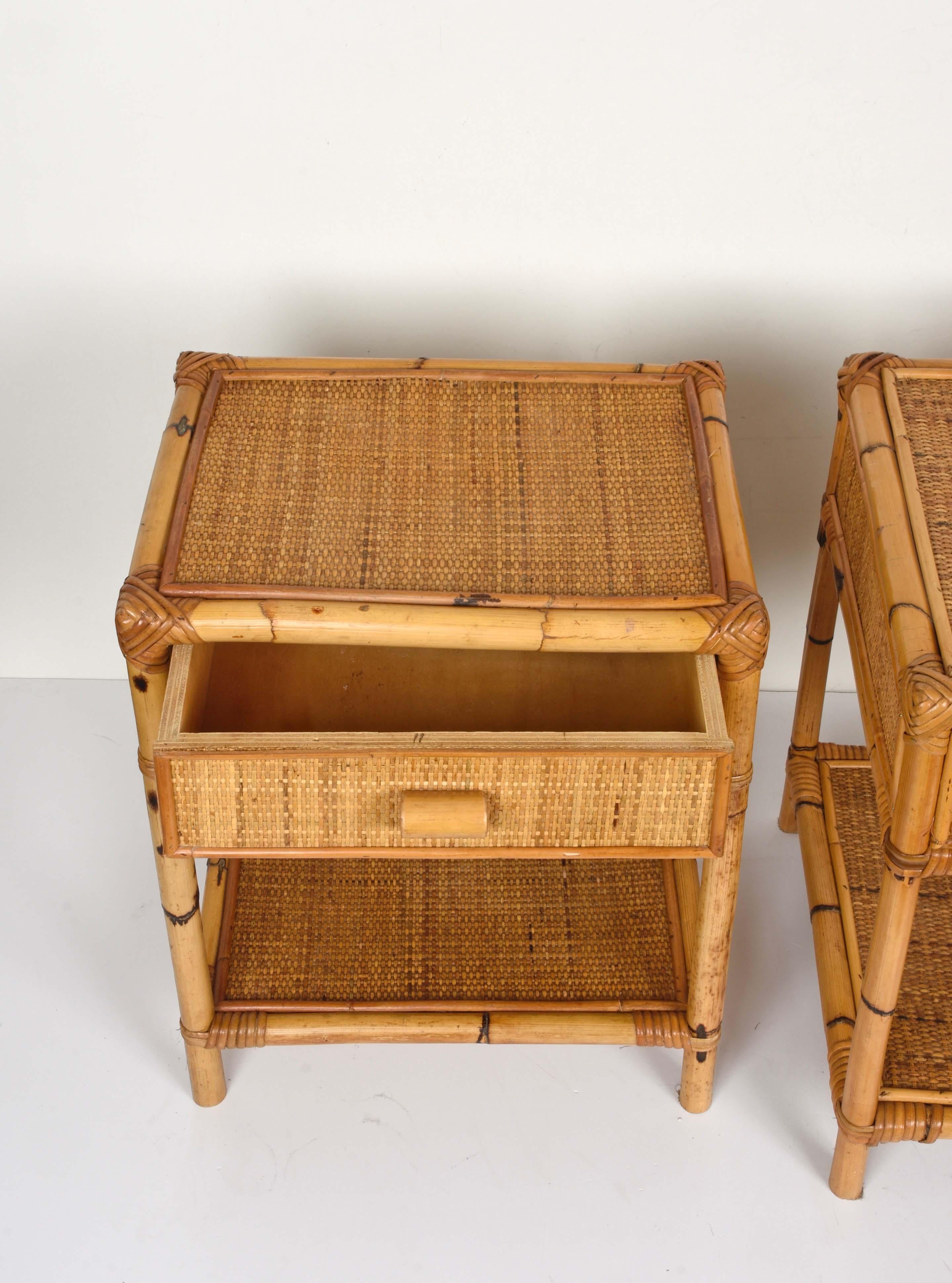Pair of Mid-Century Modern Bamboo and Rattan Italian Bed Sideboards, 1960s 10