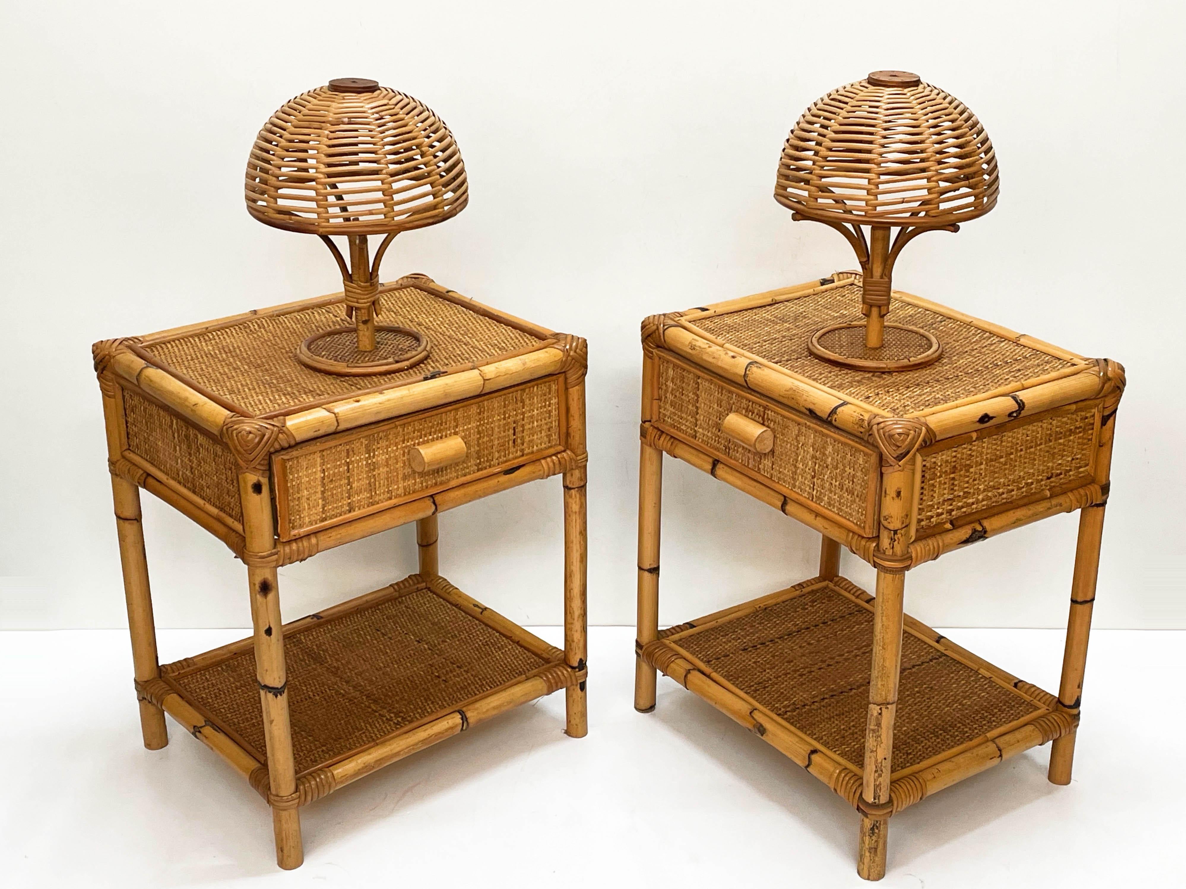 Pair of Mid-Century Modern Bamboo and Rattan Italian Bed Sideboards, 1960s 11