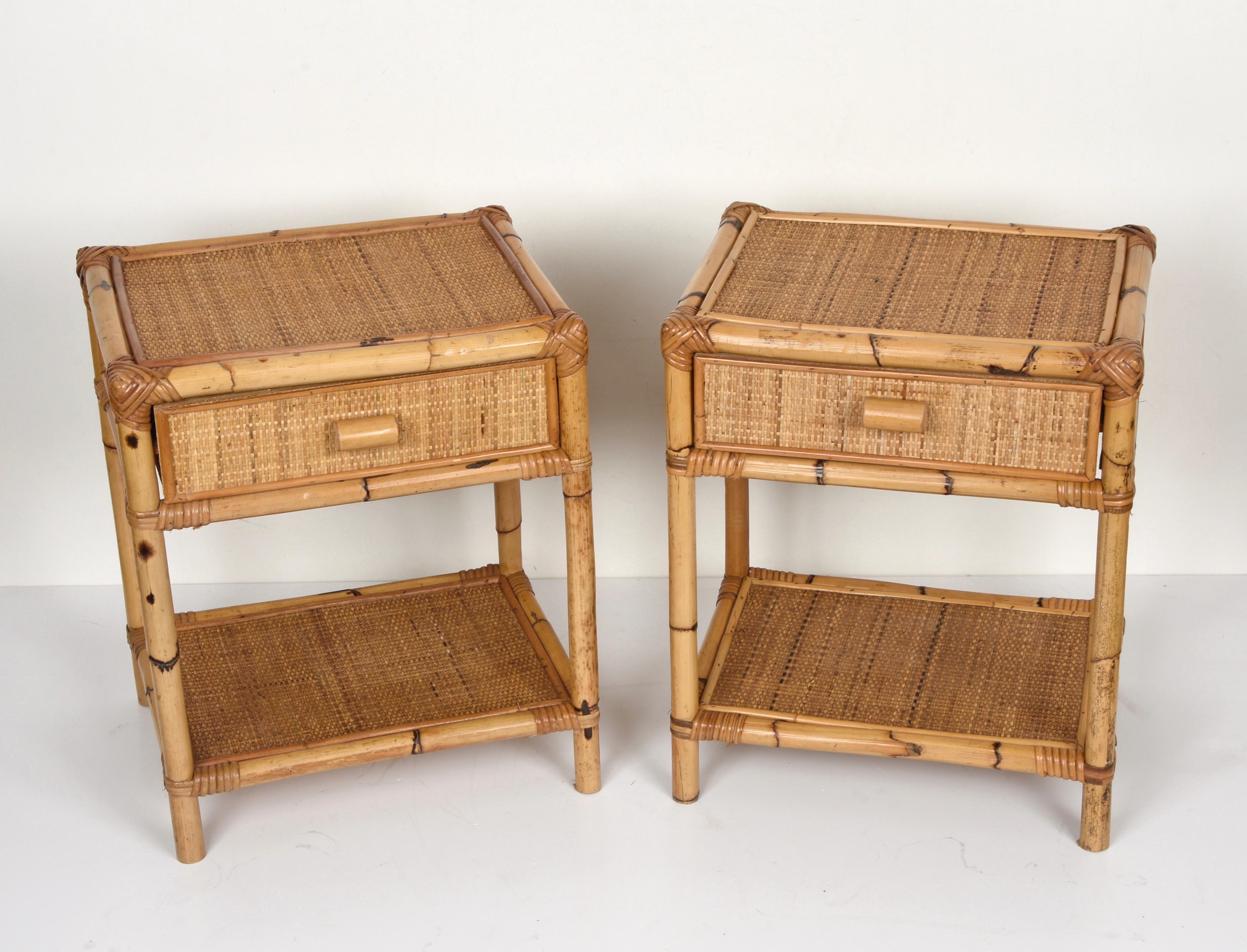 Amazing pair of Mid-Century Modern bamboo and rattan sideboards. This amazing set was designed in Italy during the 1960s.

The key elements of this wonderful set are its beautiful rationalist lines, elevated by the use of materials, bamboo for the