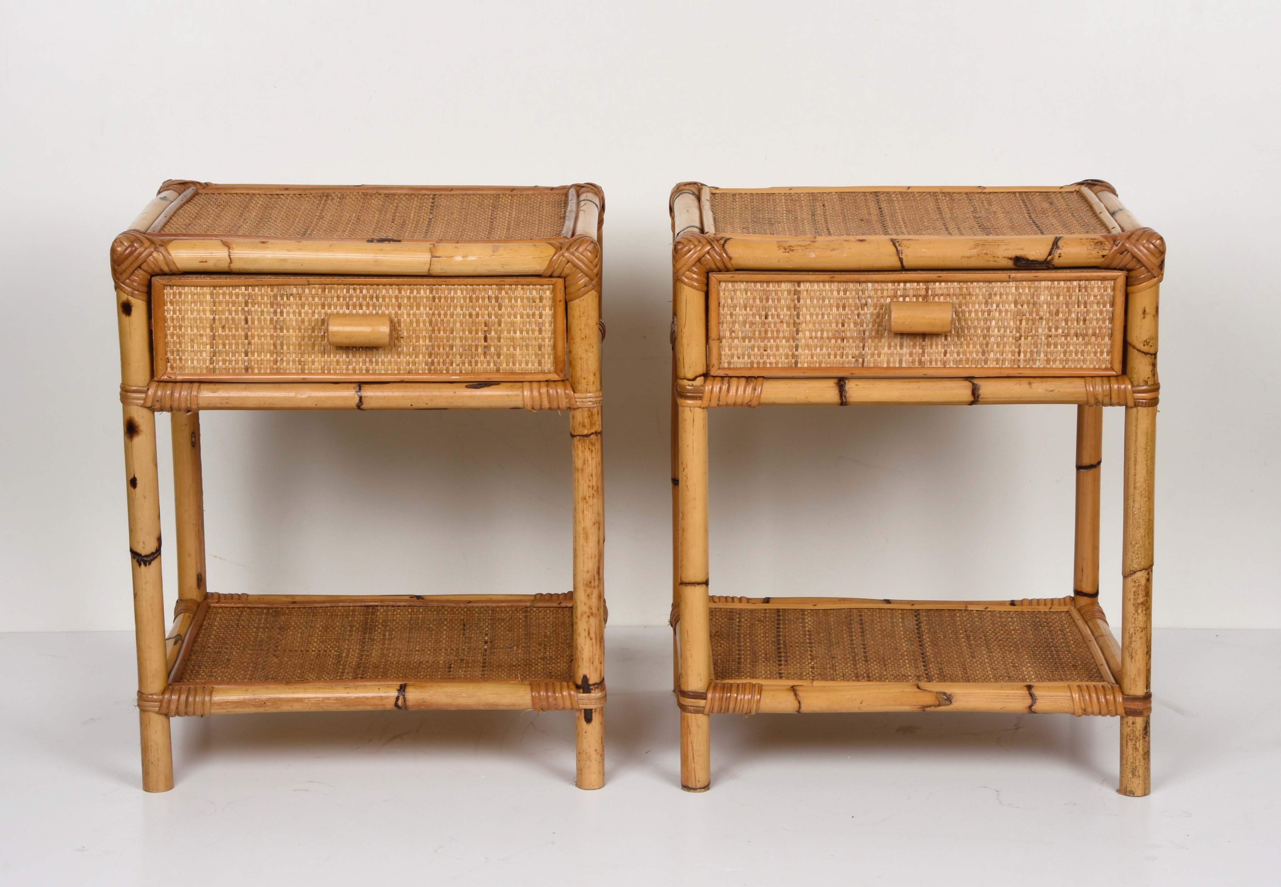 Other Pair of Mid-Century Modern Bamboo and Rattan Italian Bed Sideboards, 1960s