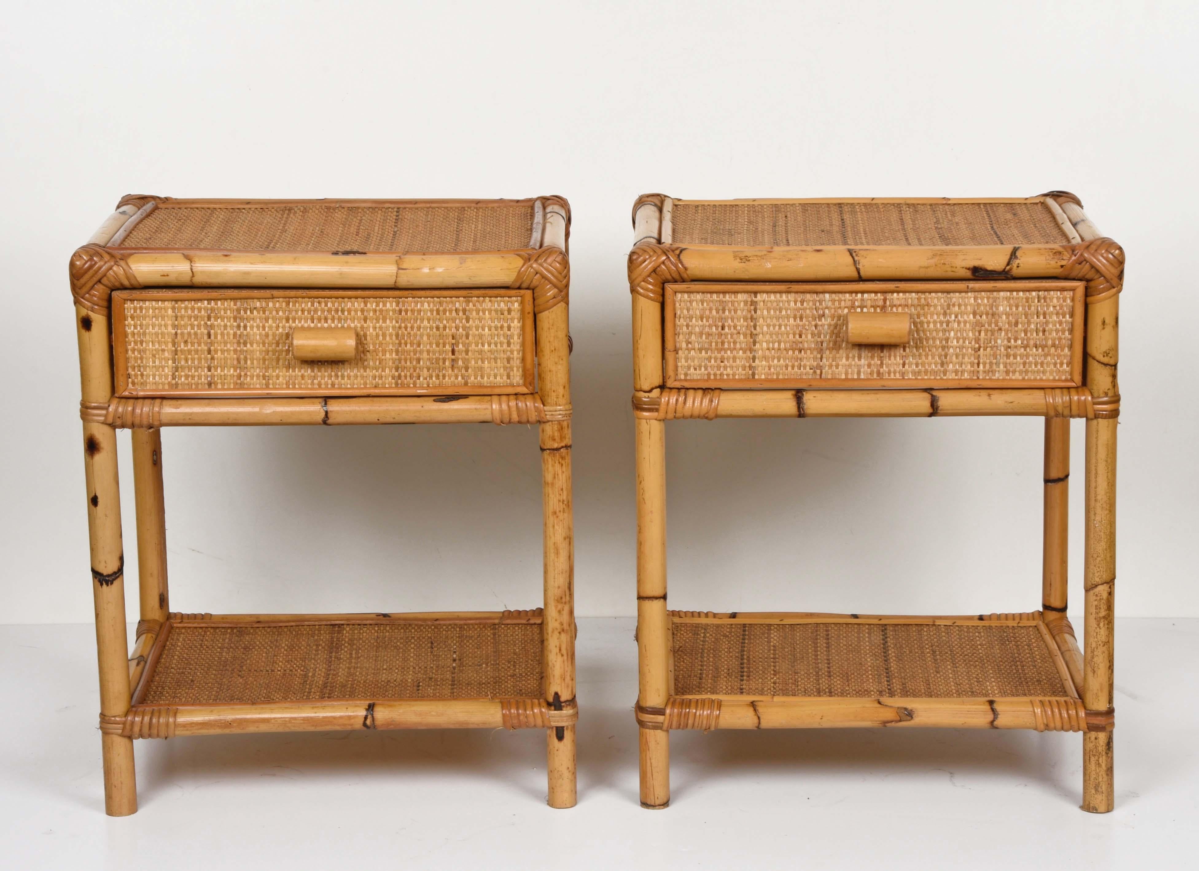 European Pair of Mid-Century Modern Bamboo and Rattan Italian Bed Sideboards, 1960s