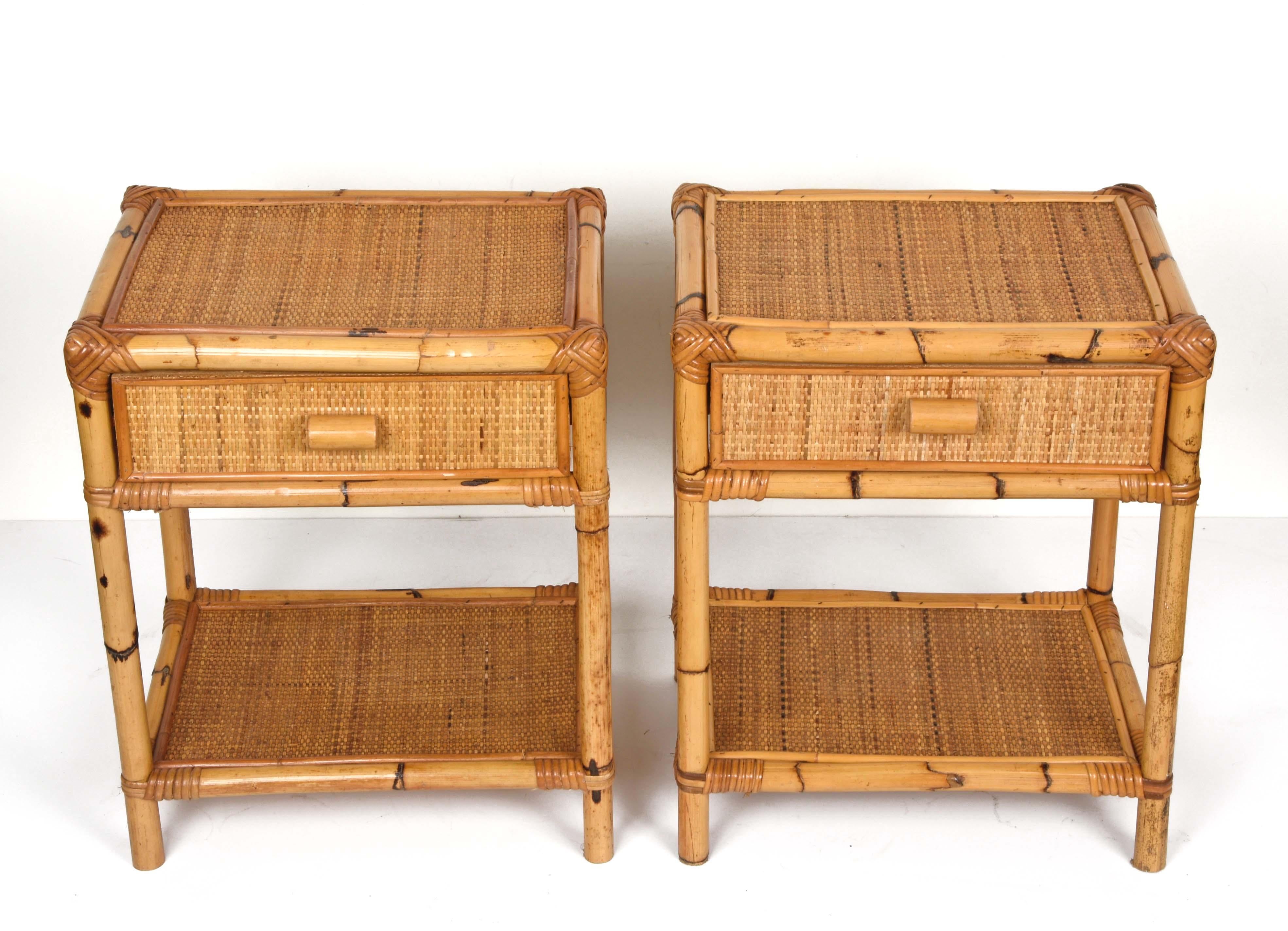 Pair of Mid-Century Modern Bamboo and Rattan Italian Bed Sideboards, 1960s In Good Condition In Roma, IT