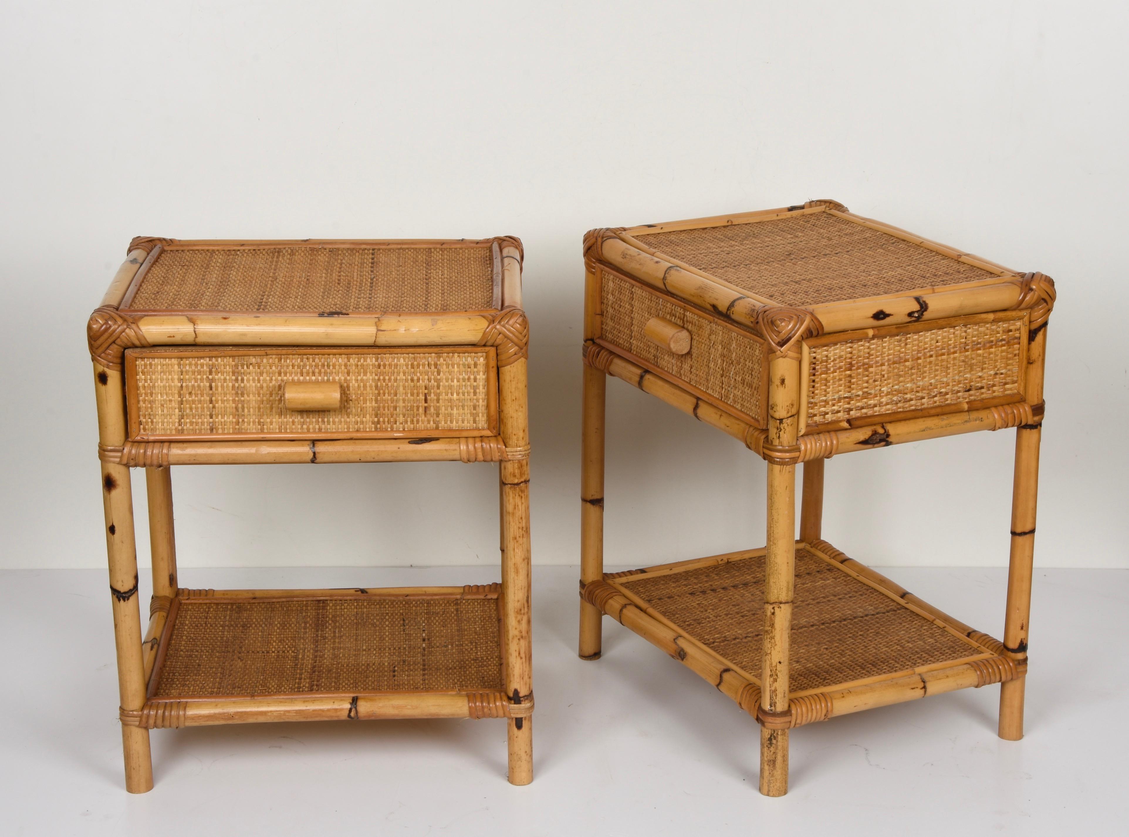 18th Century Pair of Mid-Century Modern Bamboo and Rattan Italian Bed Sideboards, 1960s