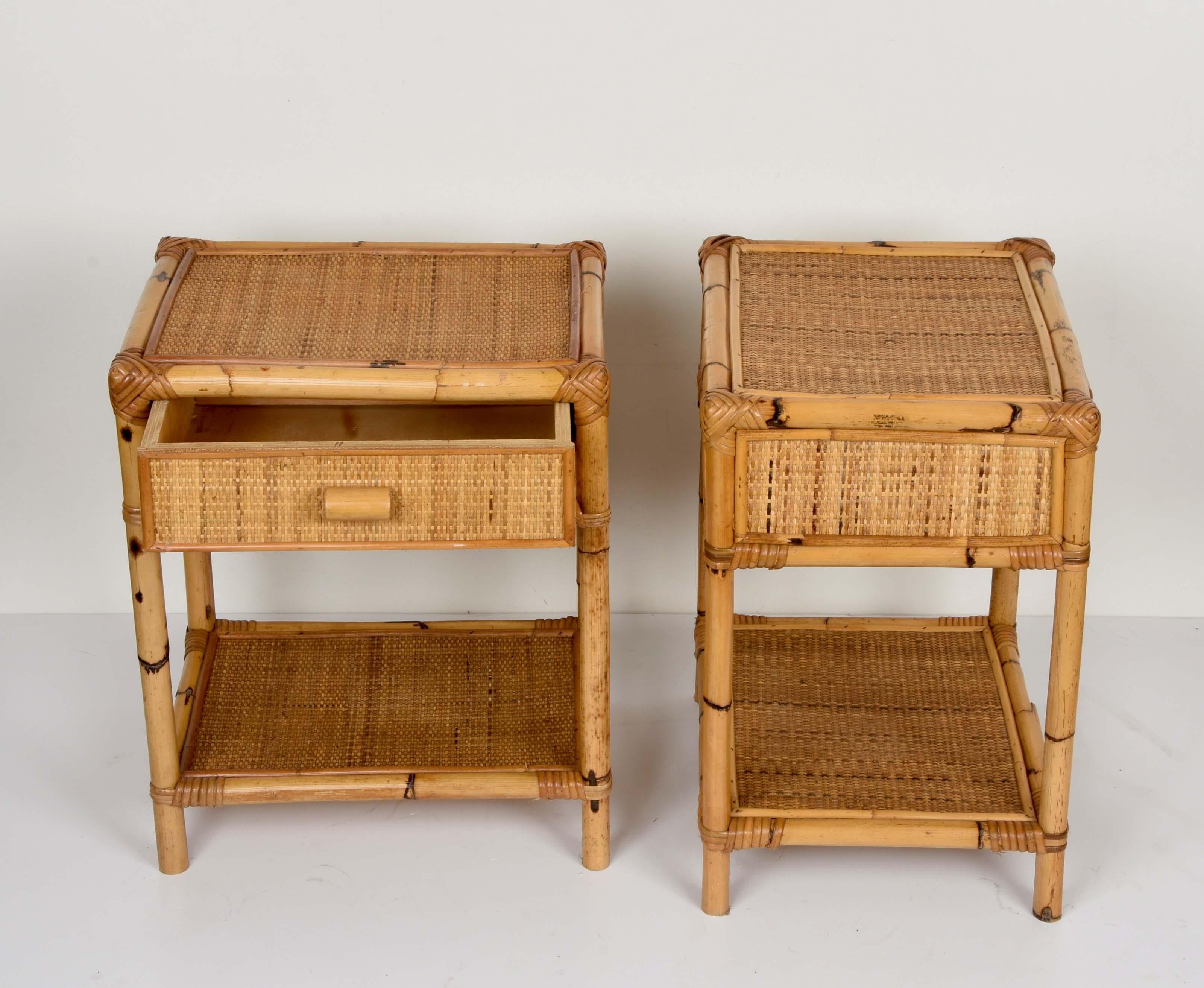 Wood Pair of Mid-Century Modern Bamboo and Rattan Italian Bed Sideboards, 1960s