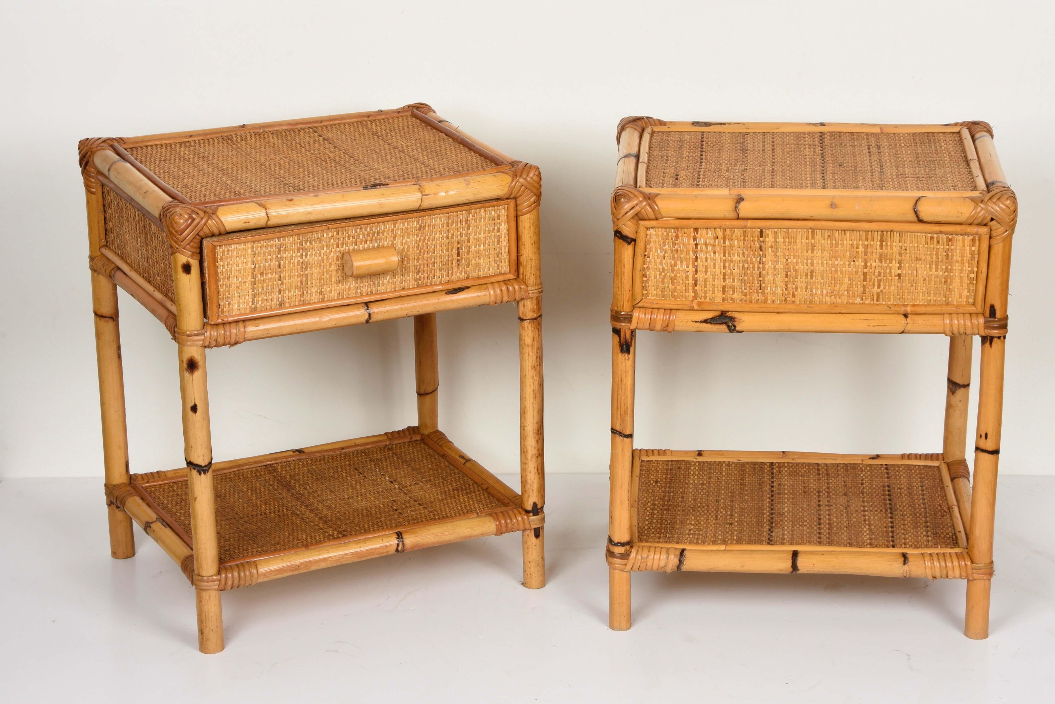 Pair of Mid-Century Modern Bamboo and Rattan Italian Bed Sideboards, 1960s 1