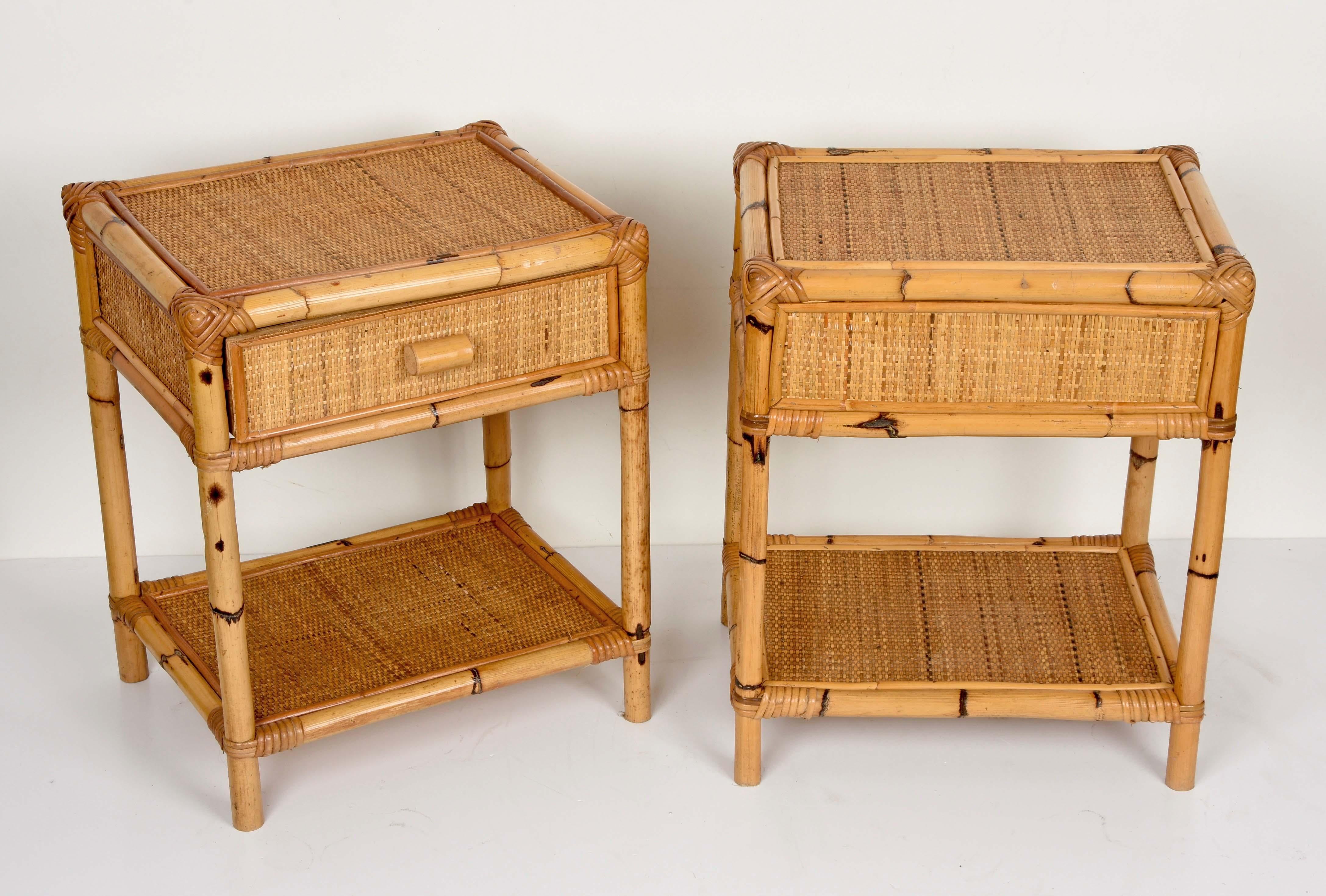 Pair of Mid-Century Modern Bamboo and Rattan Italian Bed Sideboards, 1960s 2