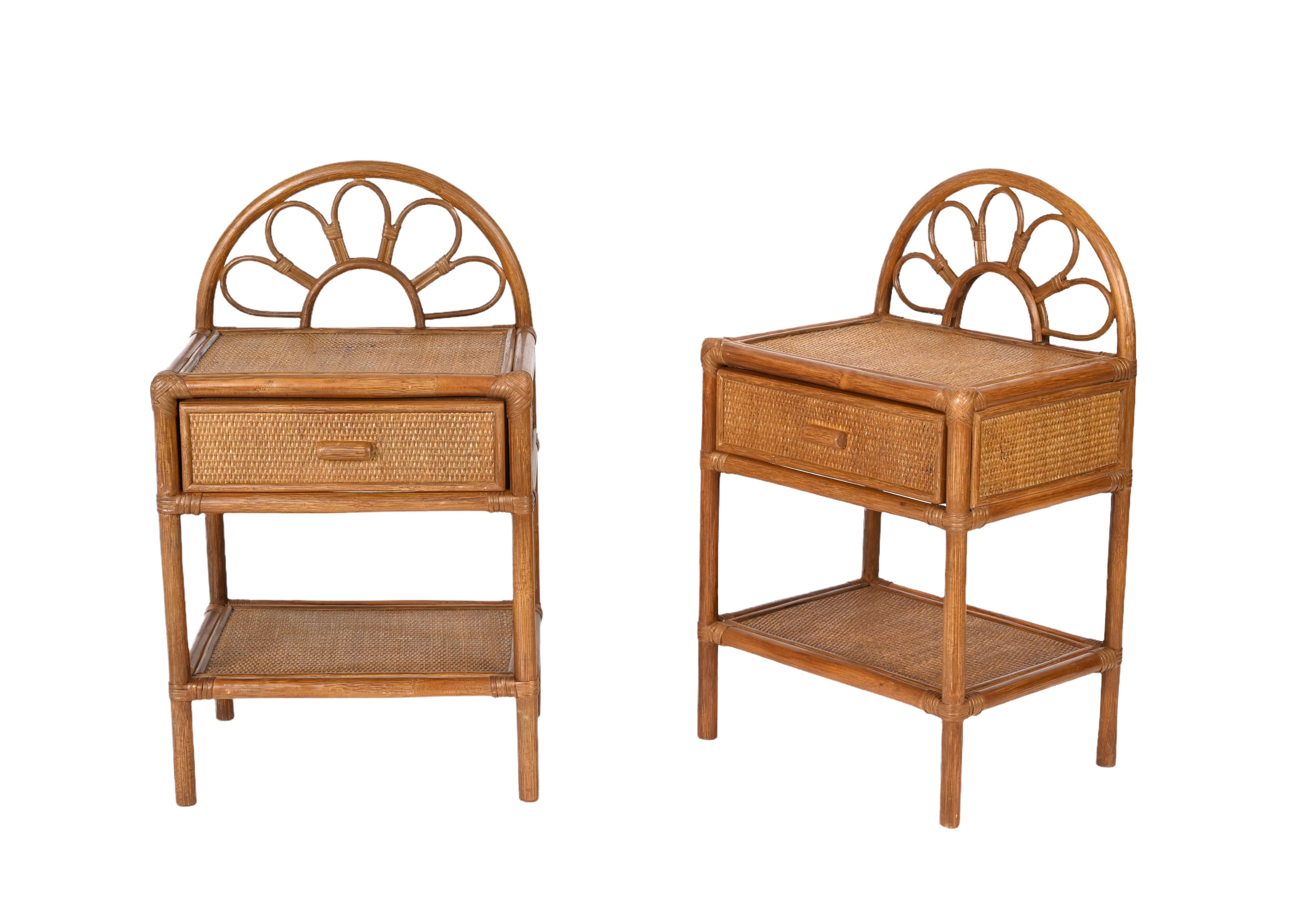 Pair of Mid-Century Modern Bamboo Cane and Rattan Italian Bedside Tables, 1970s 5