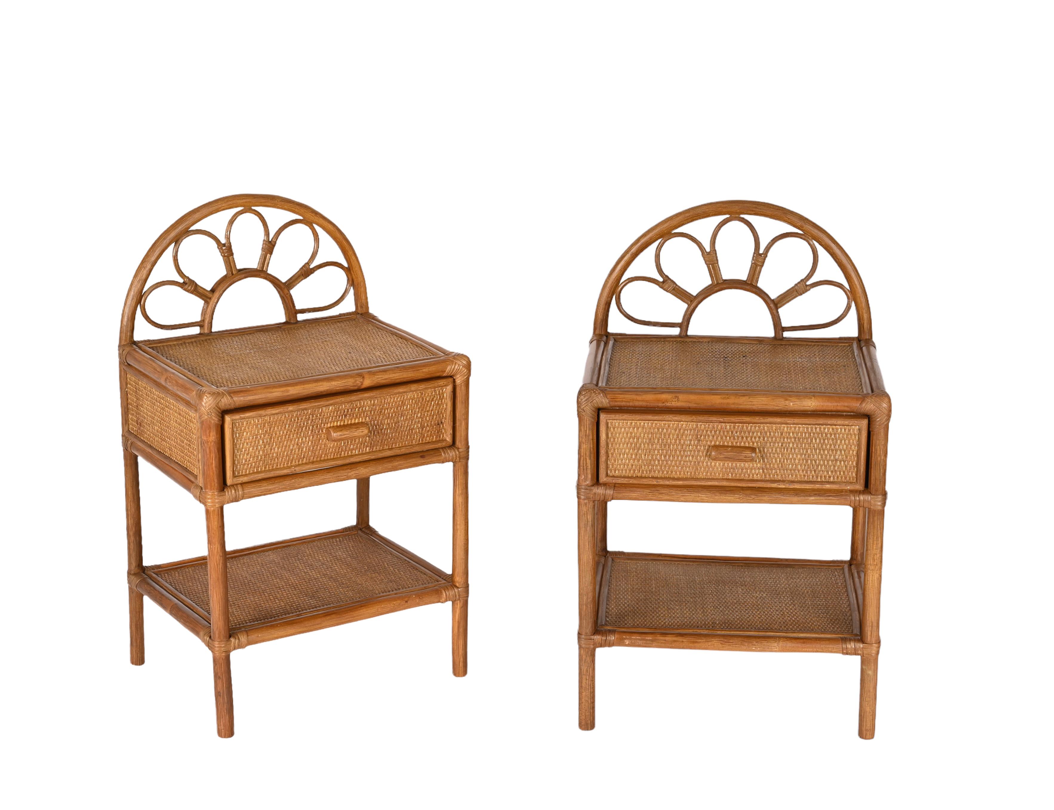 Pair of Mid-Century Modern Bamboo Cane and Rattan Italian Bedside Tables, 1970s 6