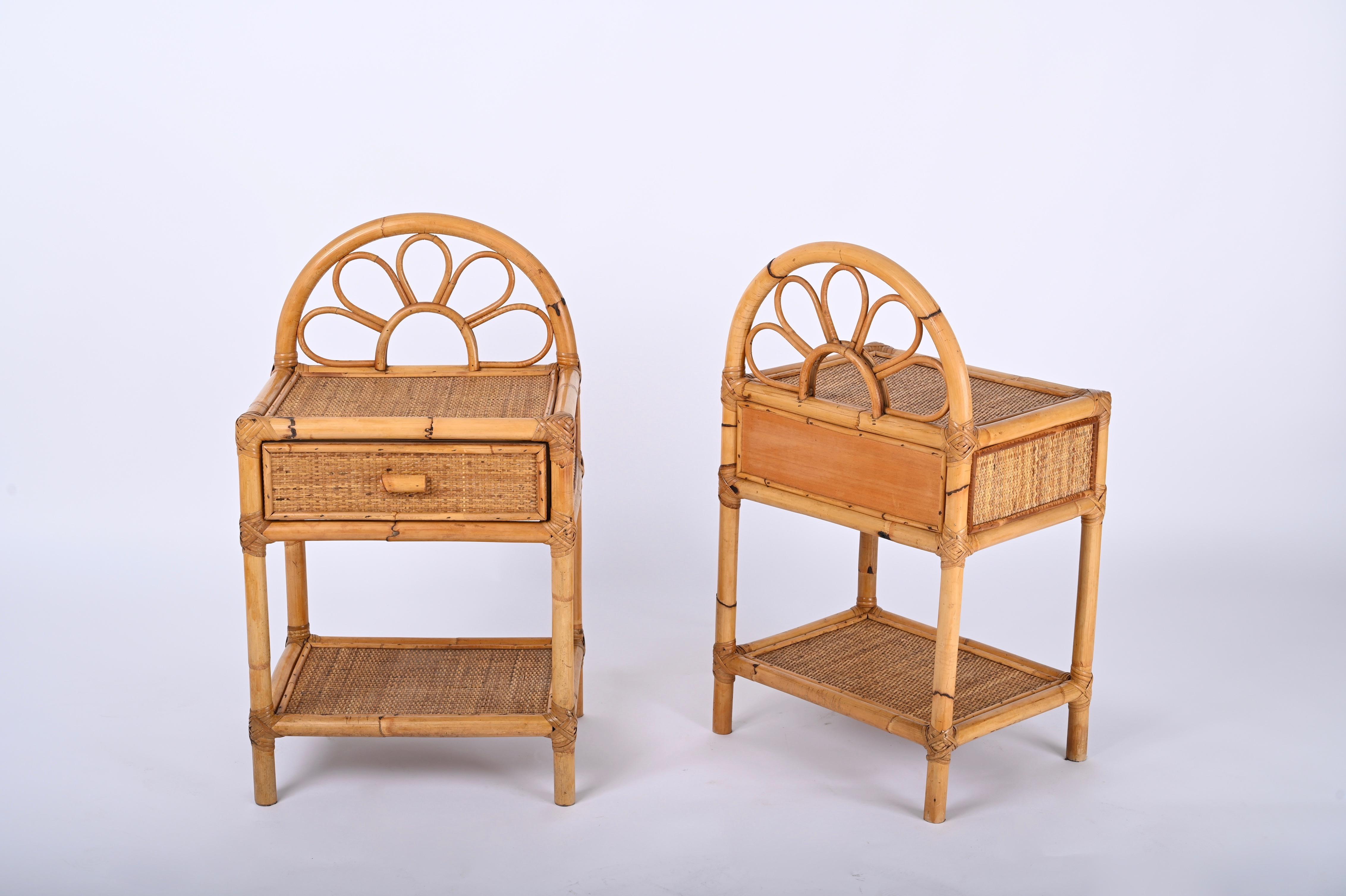 Pair of Mid-Century Modern Bamboo Cane and Rattan Italian Bedside Tables, 1970s 6
