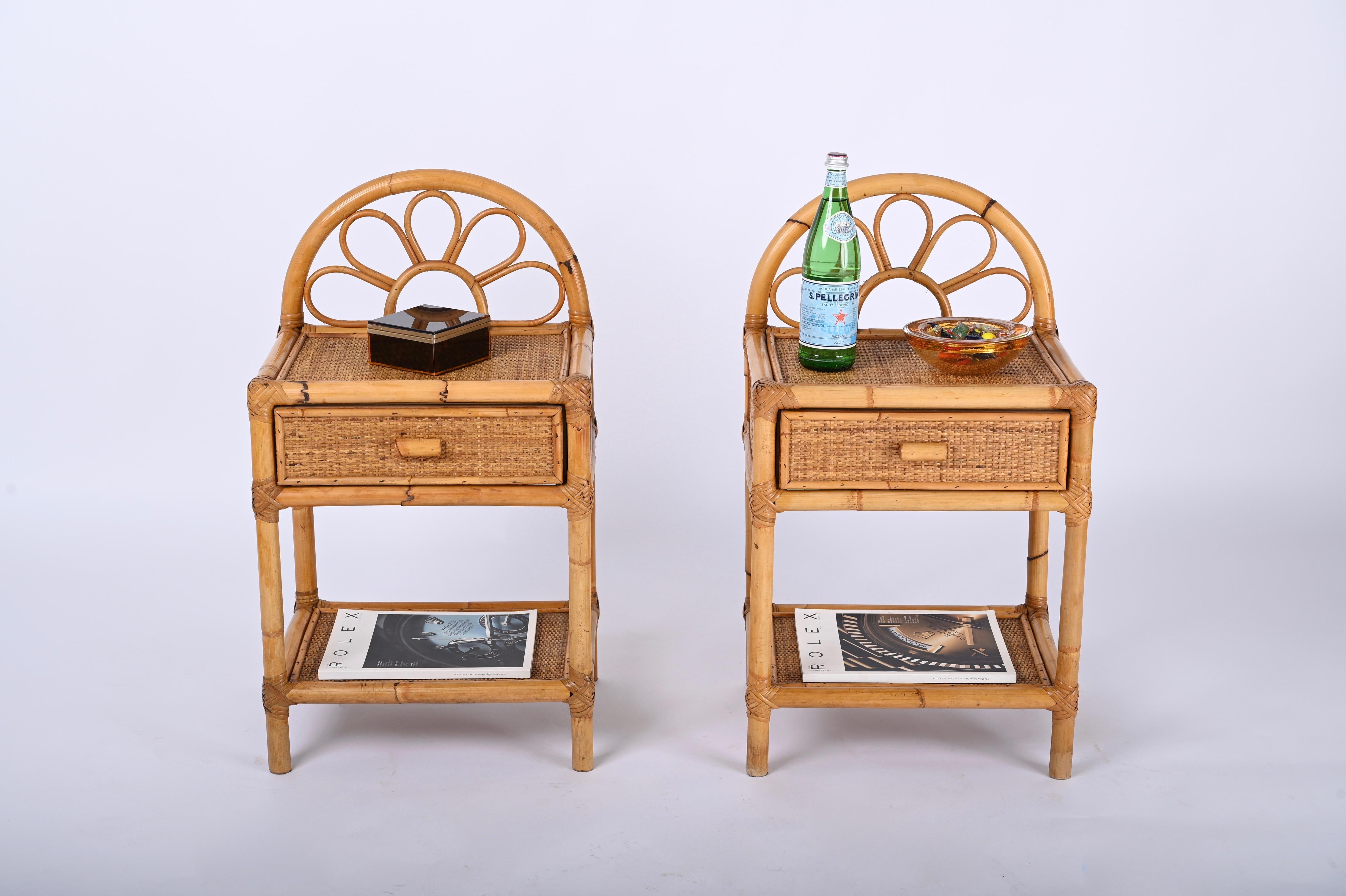 Pair of Mid-Century Modern Bamboo Cane and Rattan Italian Bedside Tables, 1970s 7