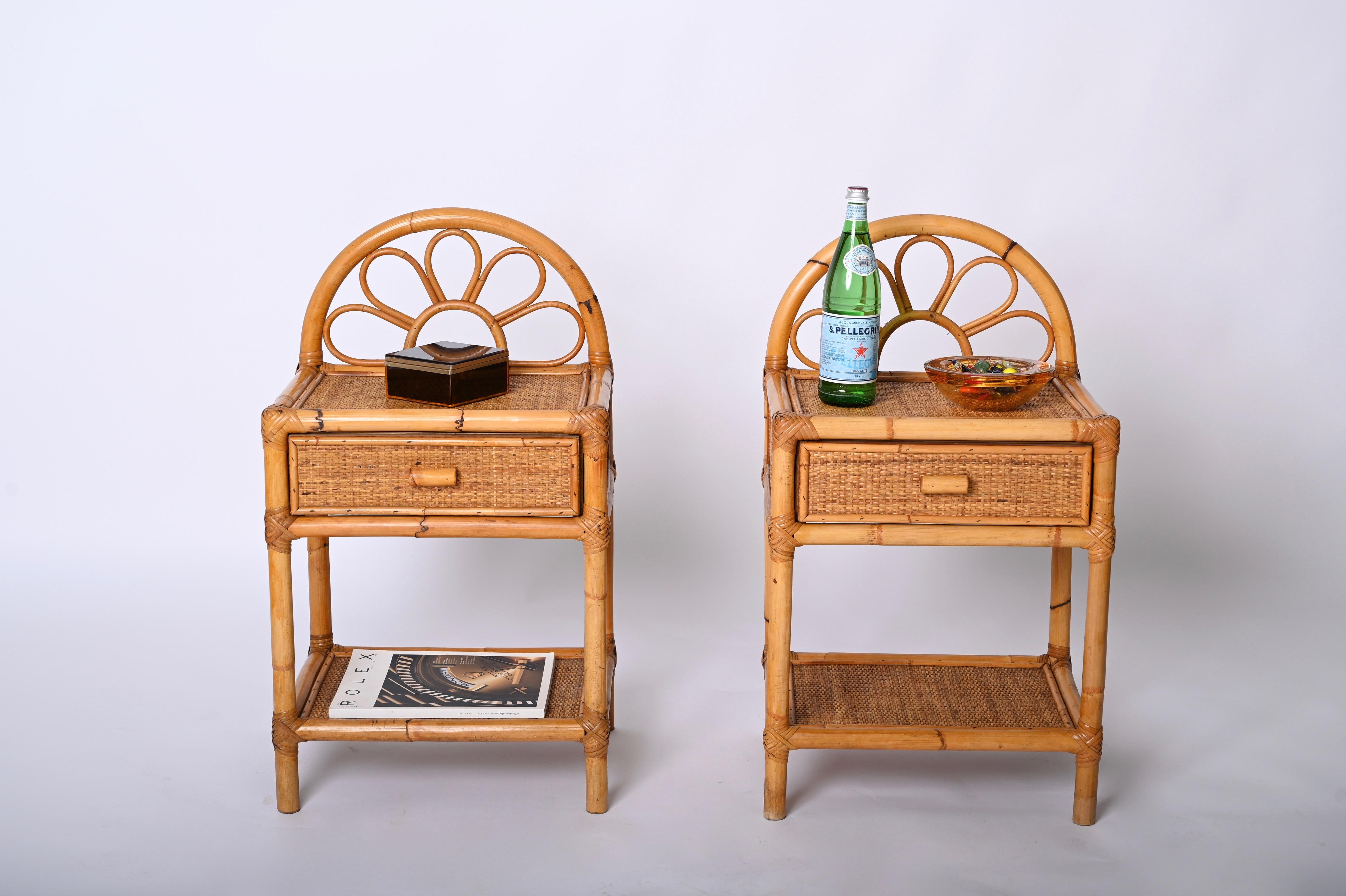 Pair of Mid-Century Modern Bamboo Cane and Rattan Italian Bedside Tables, 1970s 8