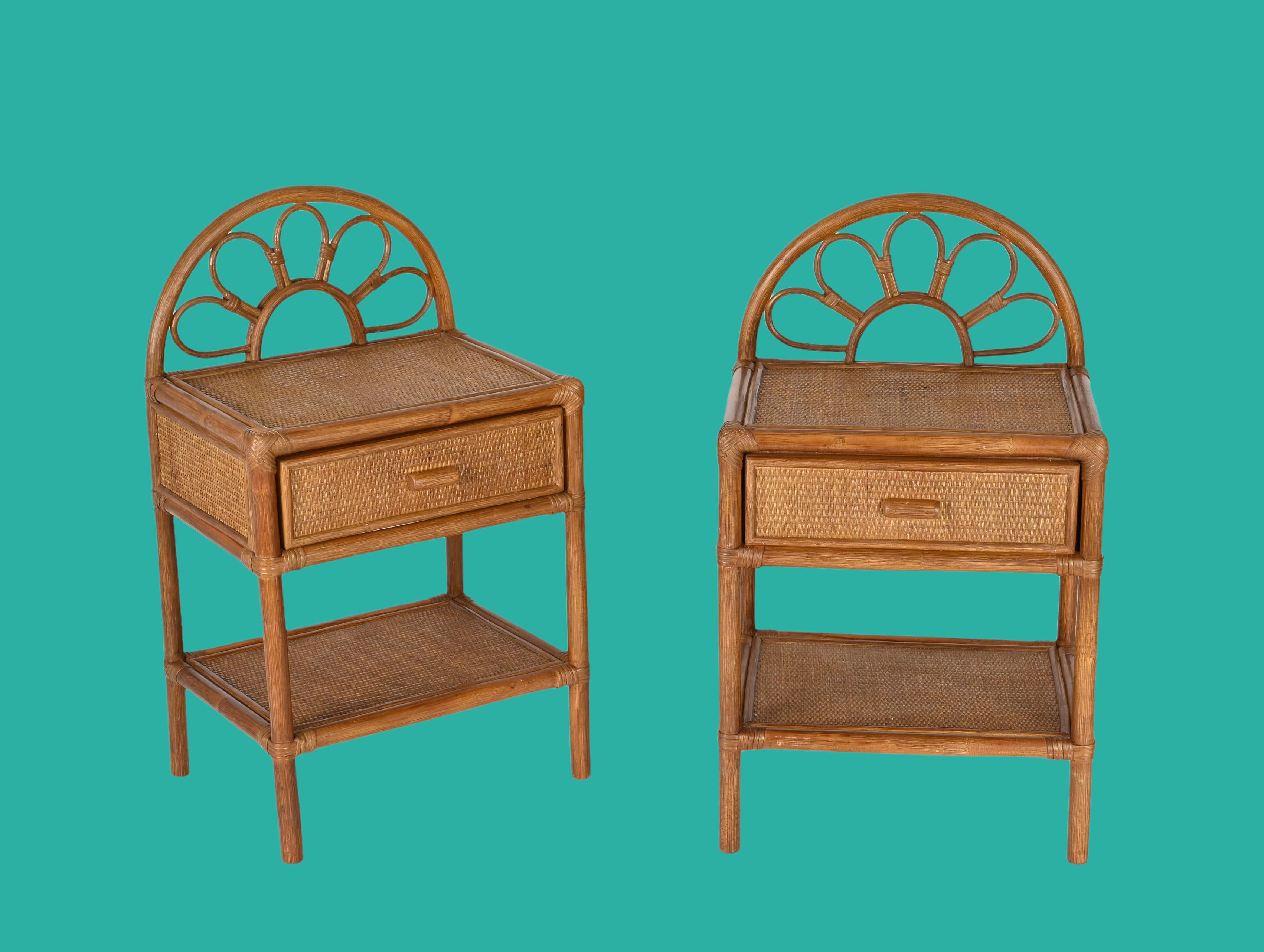 Pair of Mid-Century Modern Bamboo Cane and Rattan Italian Bedside Tables, 1970s 12