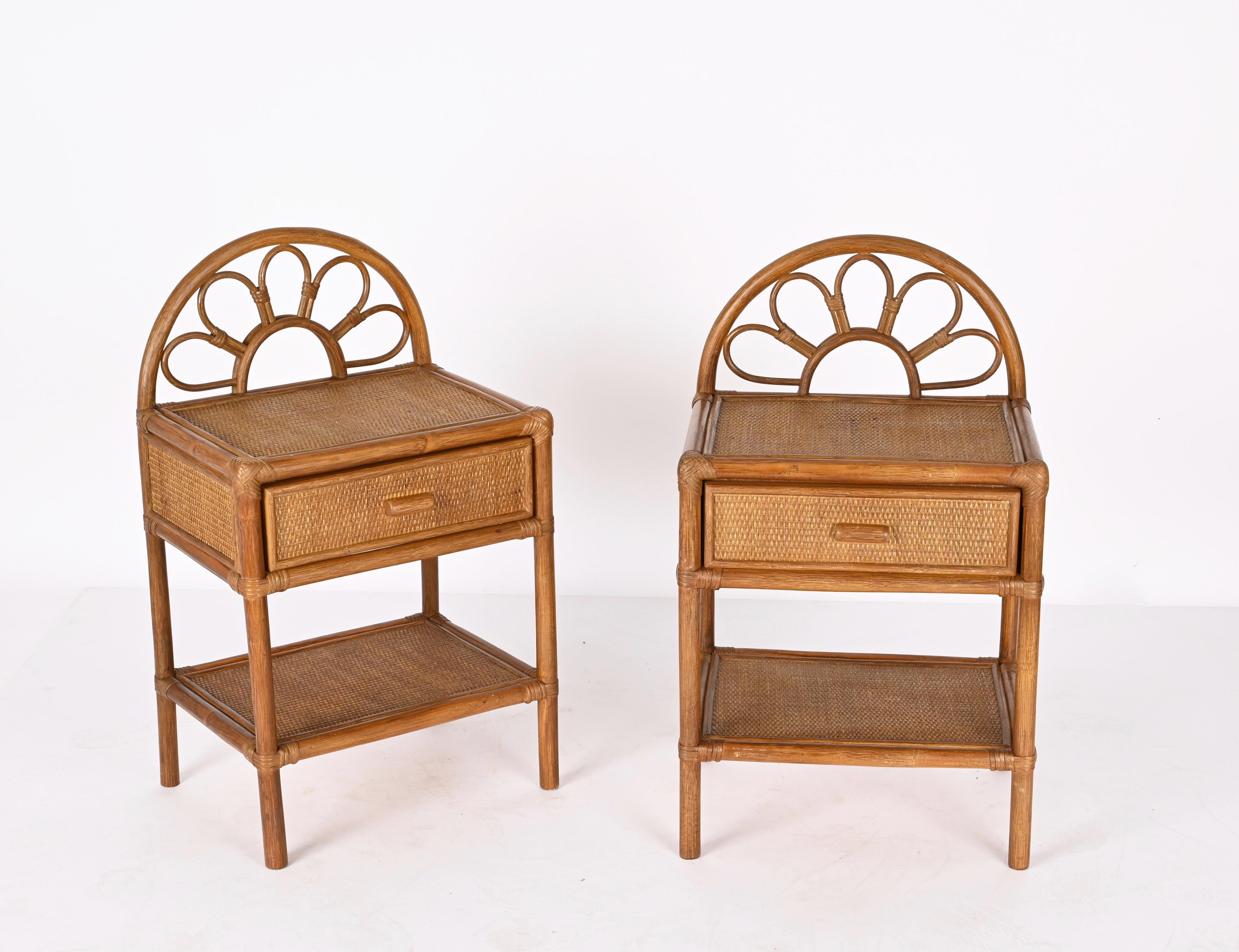 Pair of Mid-Century Modern Bamboo Cane and Rattan Italian Bedside Tables, 1970s 13