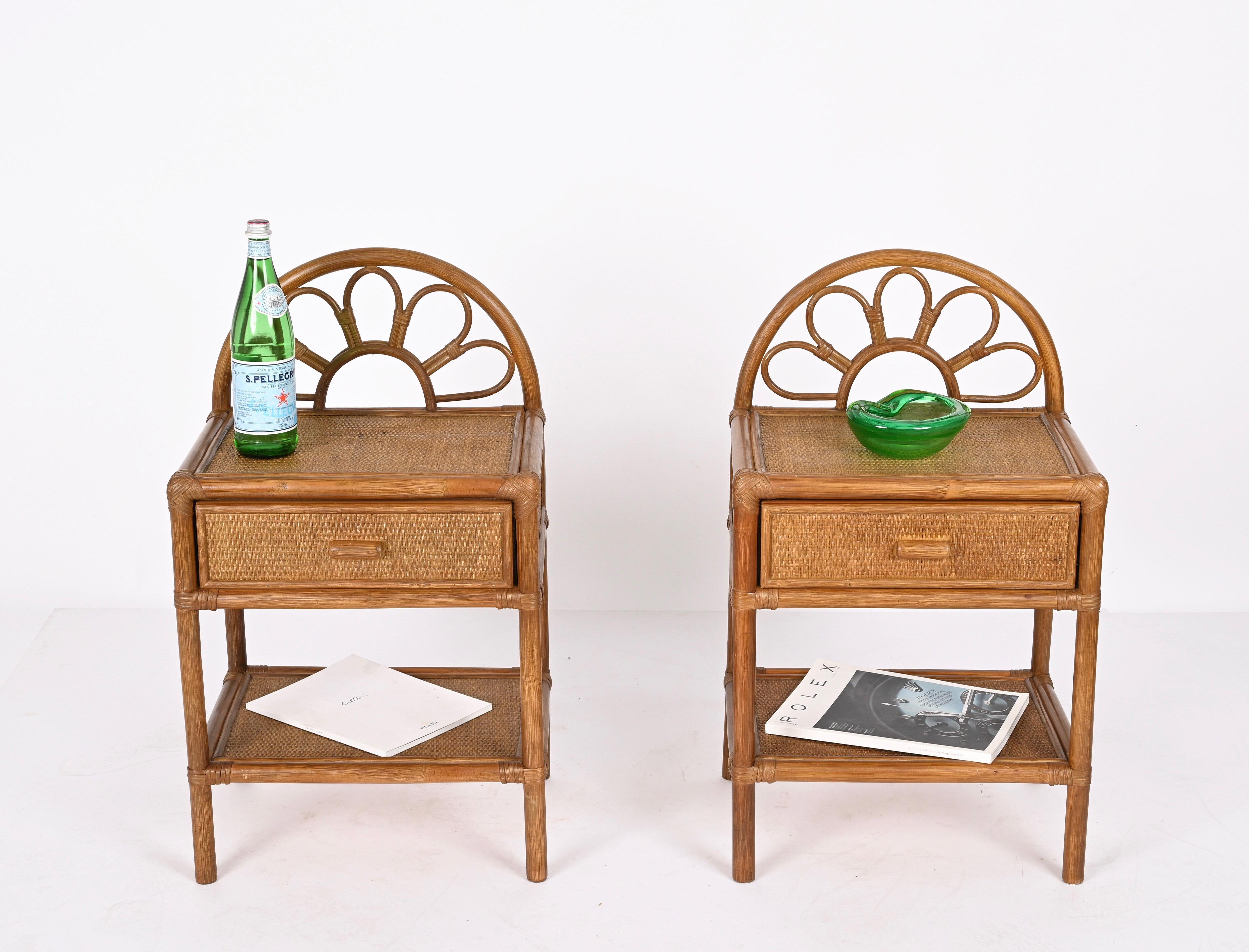 Pair of Mid-Century Modern Bamboo Cane and Rattan Italian Bedside Tables, 1970s 14