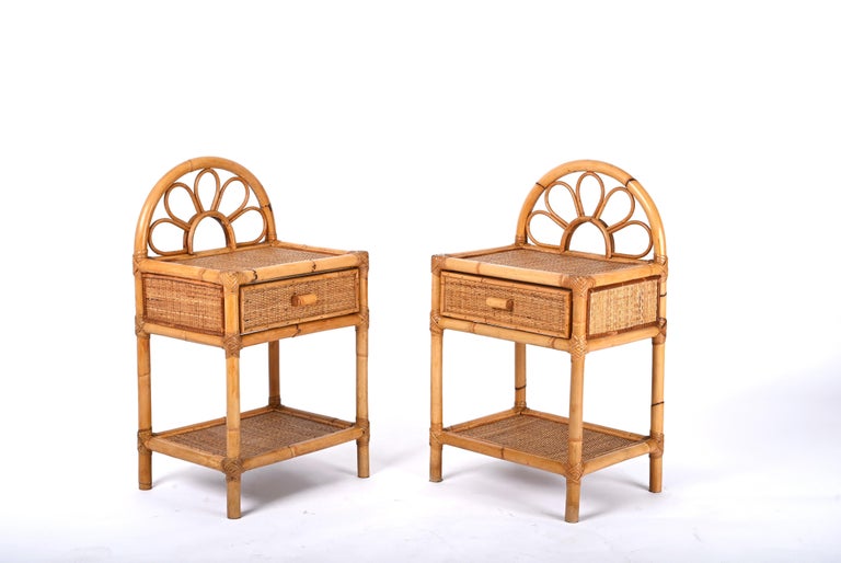 Pair of MidCentury Modern Bamboo Cane and Rattan Italian Bedside