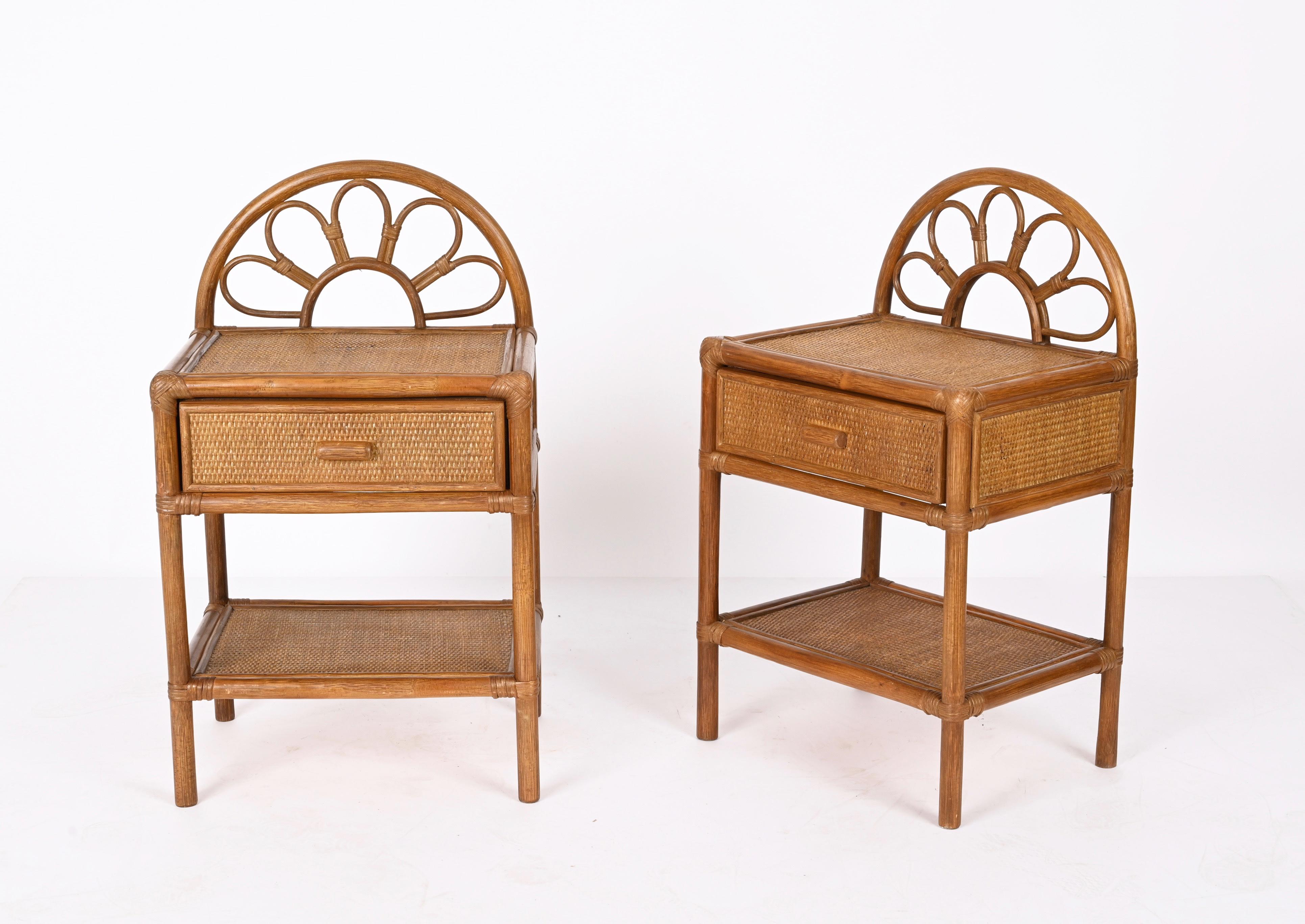 European Pair of Mid-Century Modern Bamboo Cane and Rattan Italian Bedside Tables, 1970s