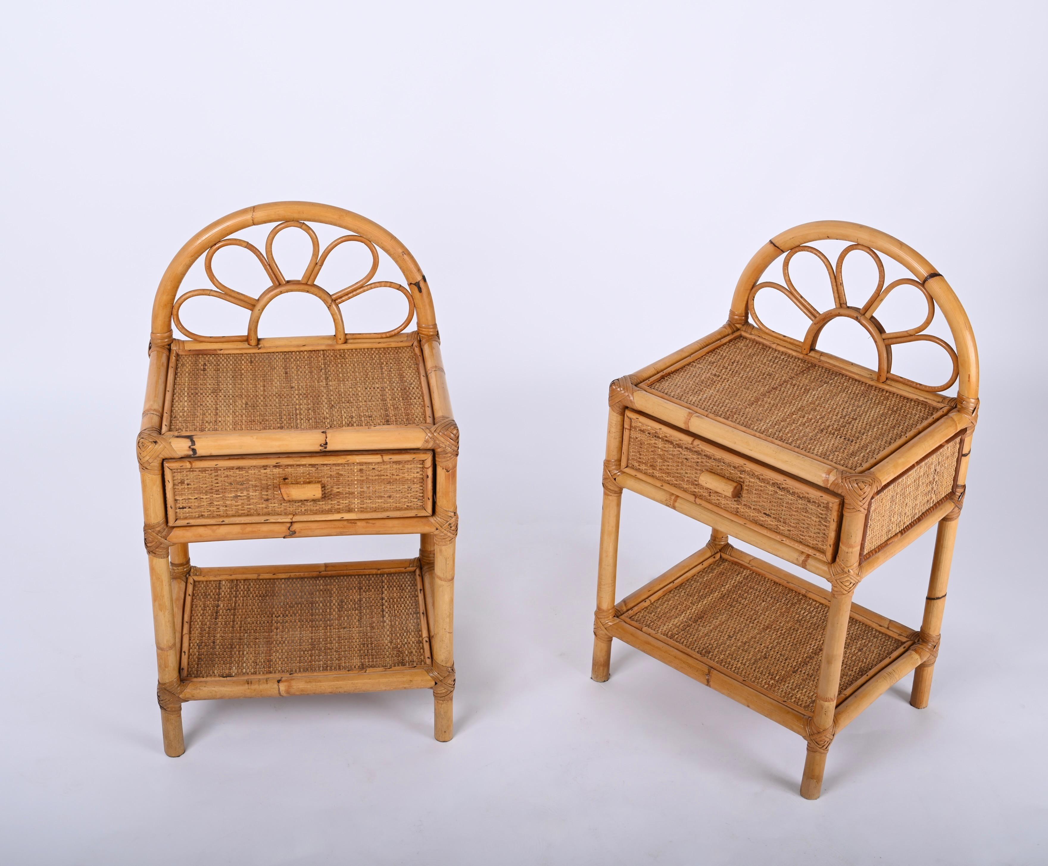 20th Century Pair of Mid-Century Modern Bamboo Cane and Rattan Italian Bedside Tables, 1970s