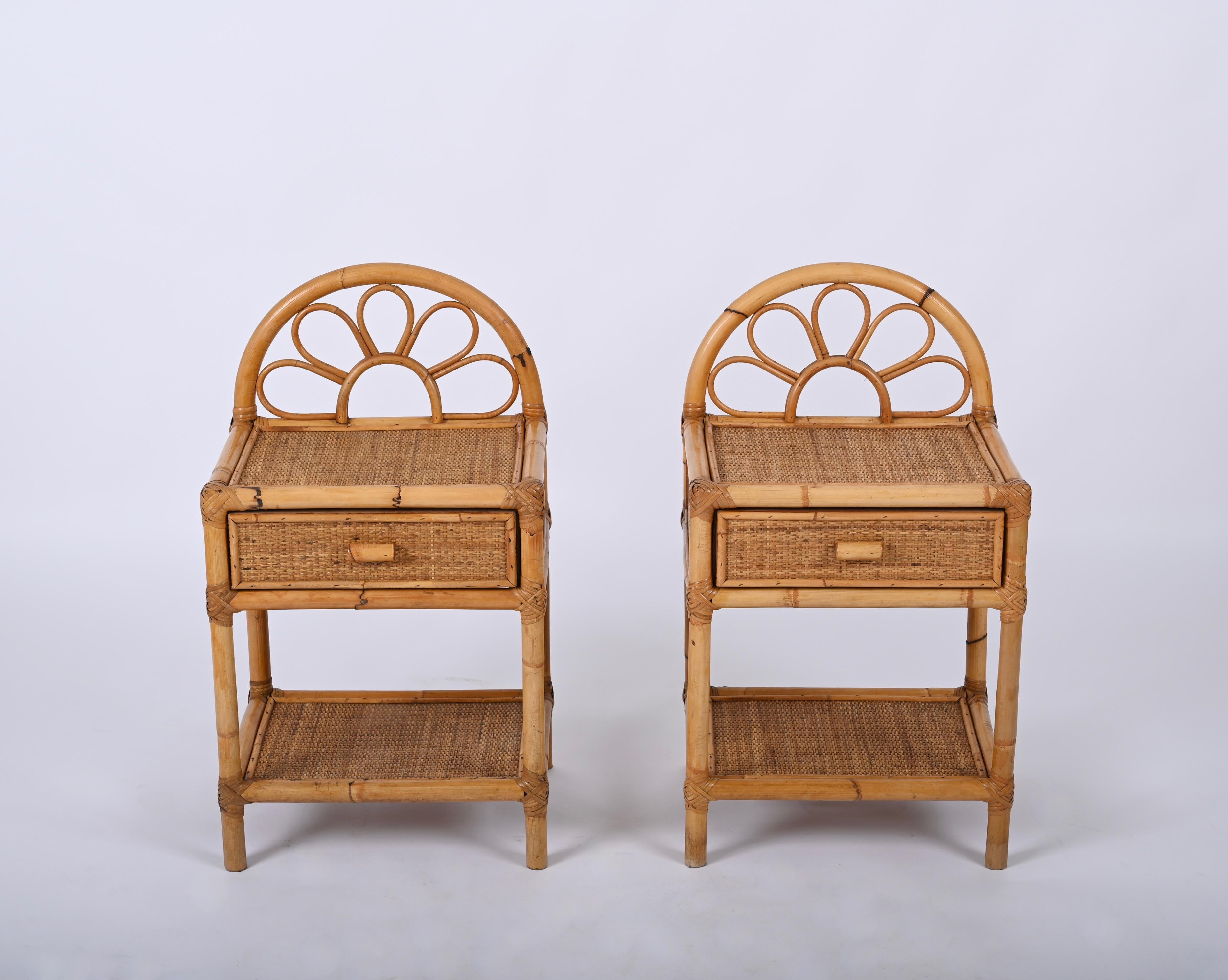 Wicker Pair of Mid-Century Modern Bamboo Cane and Rattan Italian Bedside Tables, 1970s