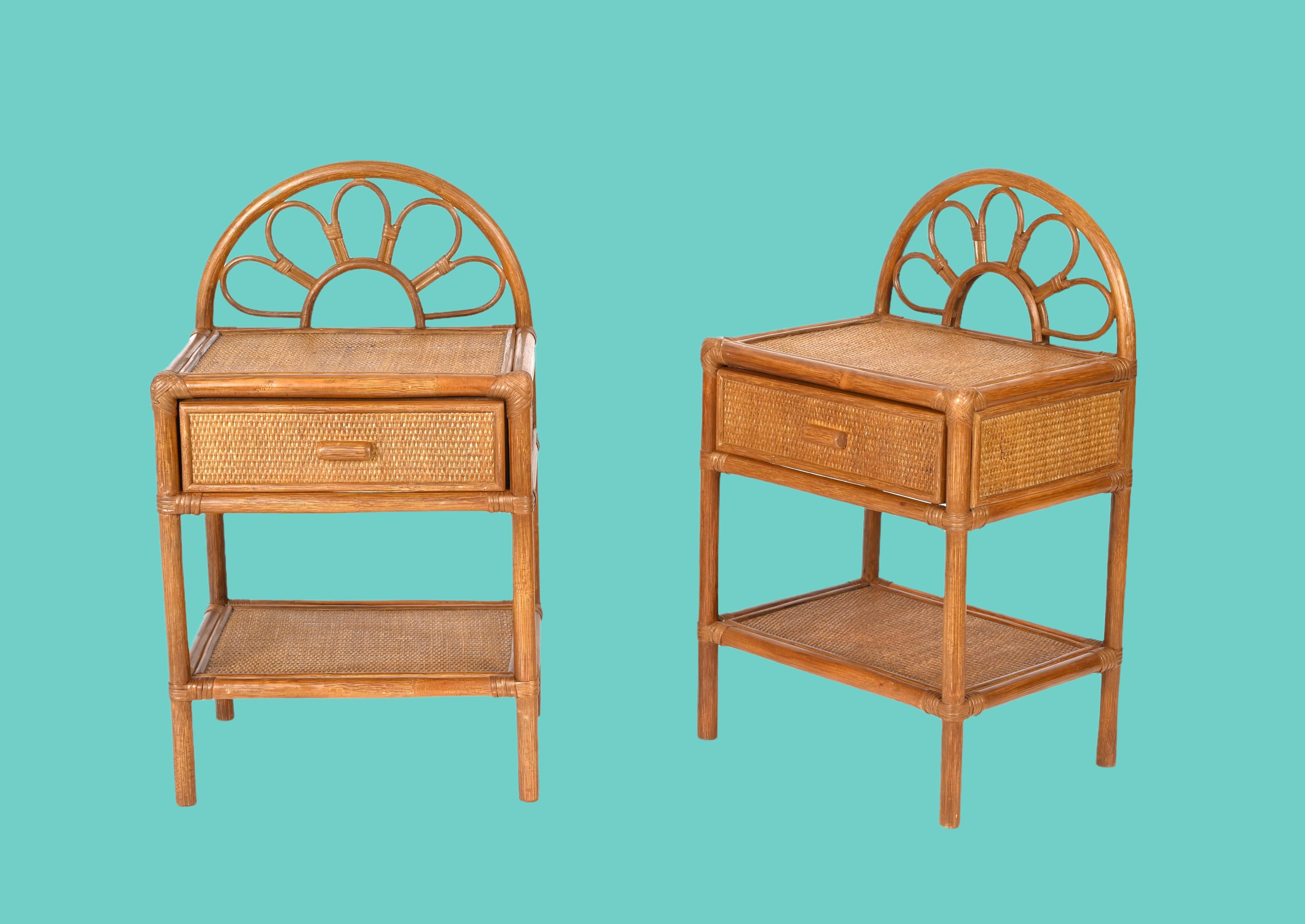 Pair of Mid-Century Modern Bamboo Cane and Rattan Italian Bedside Tables, 1970s 2