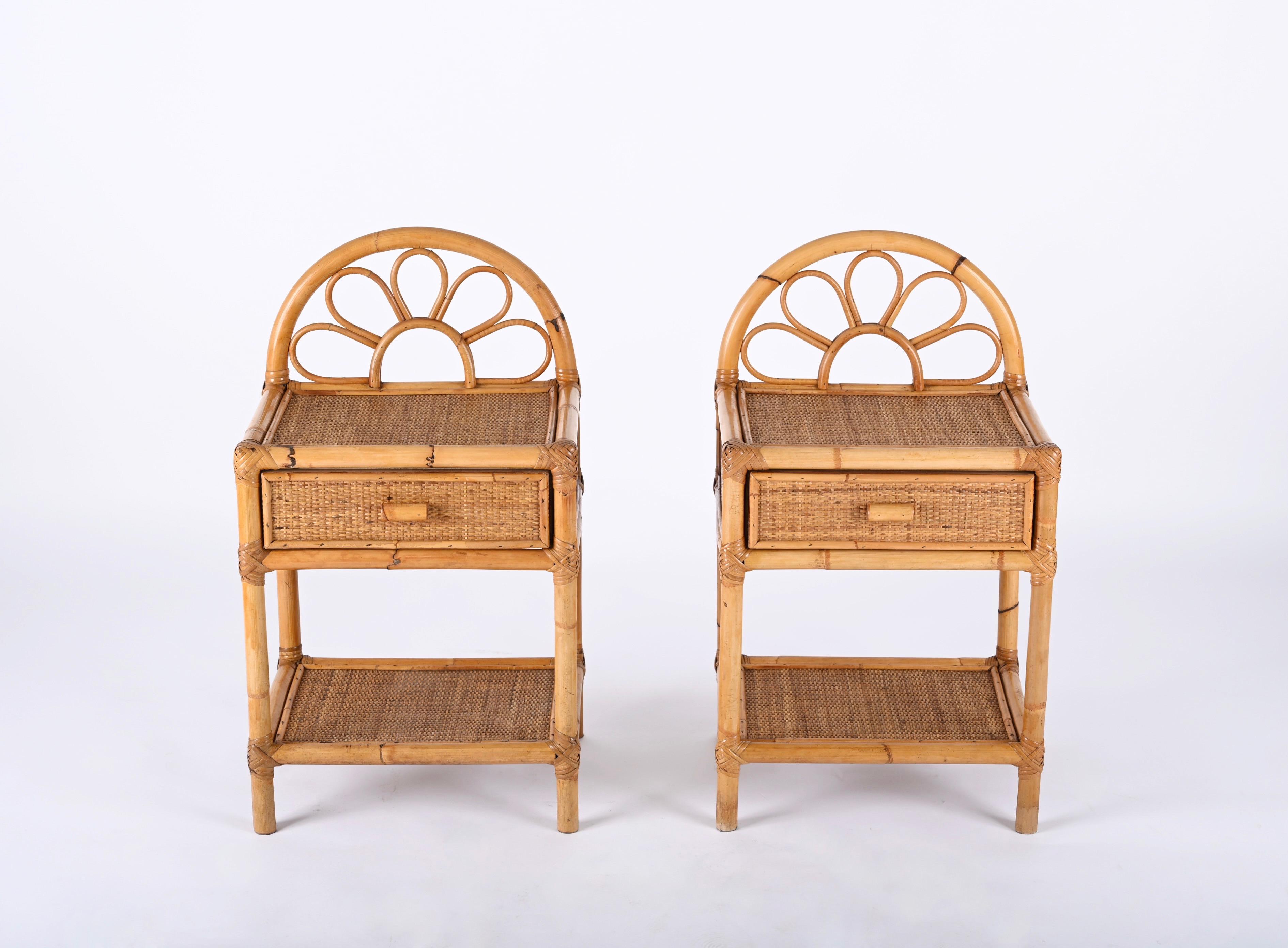 Pair of Mid-Century Modern Bamboo Cane and Rattan Italian Bedside Tables, 1970s 1