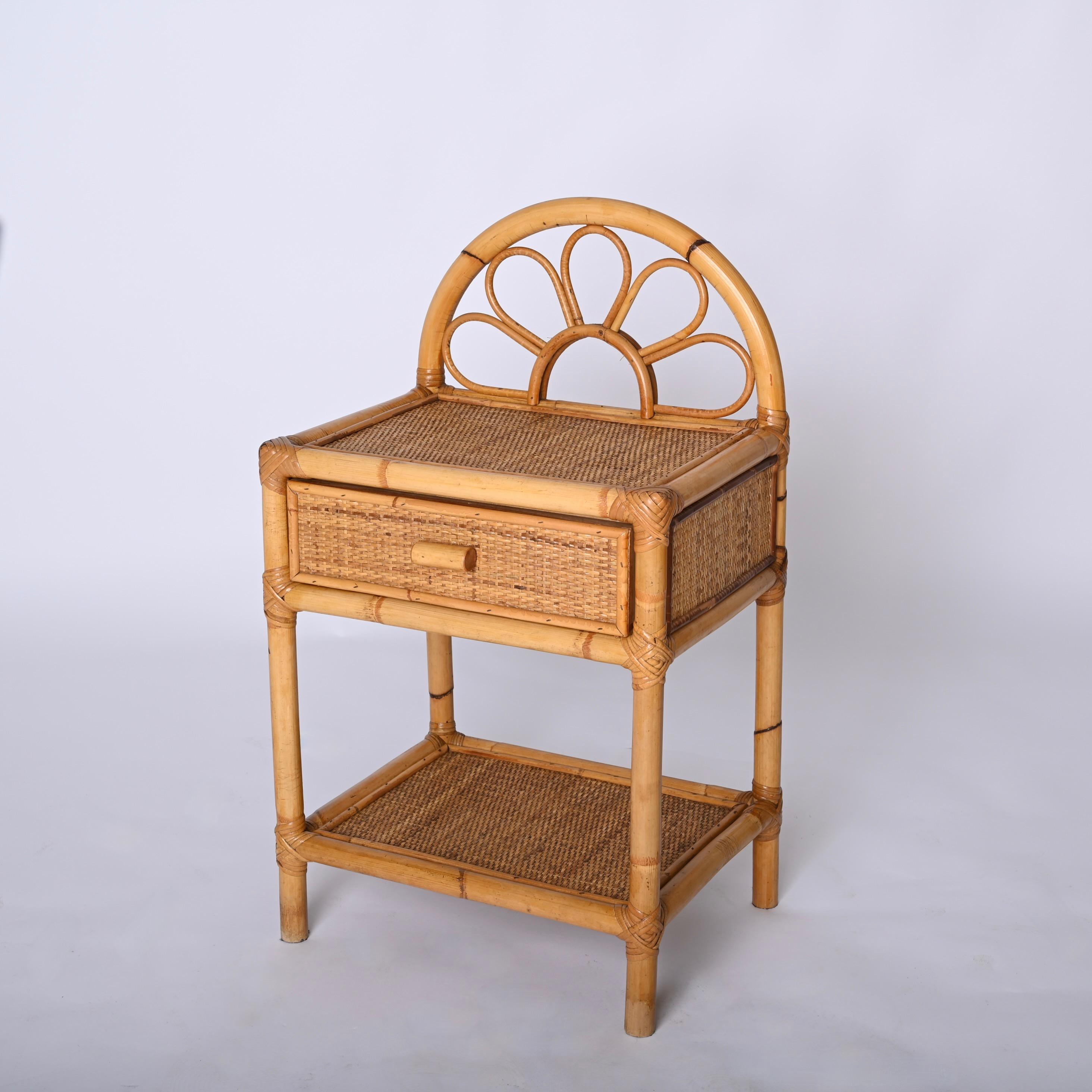 Pair of Mid-Century Modern Bamboo Cane and Rattan Italian Bedside Tables, 1970s 2