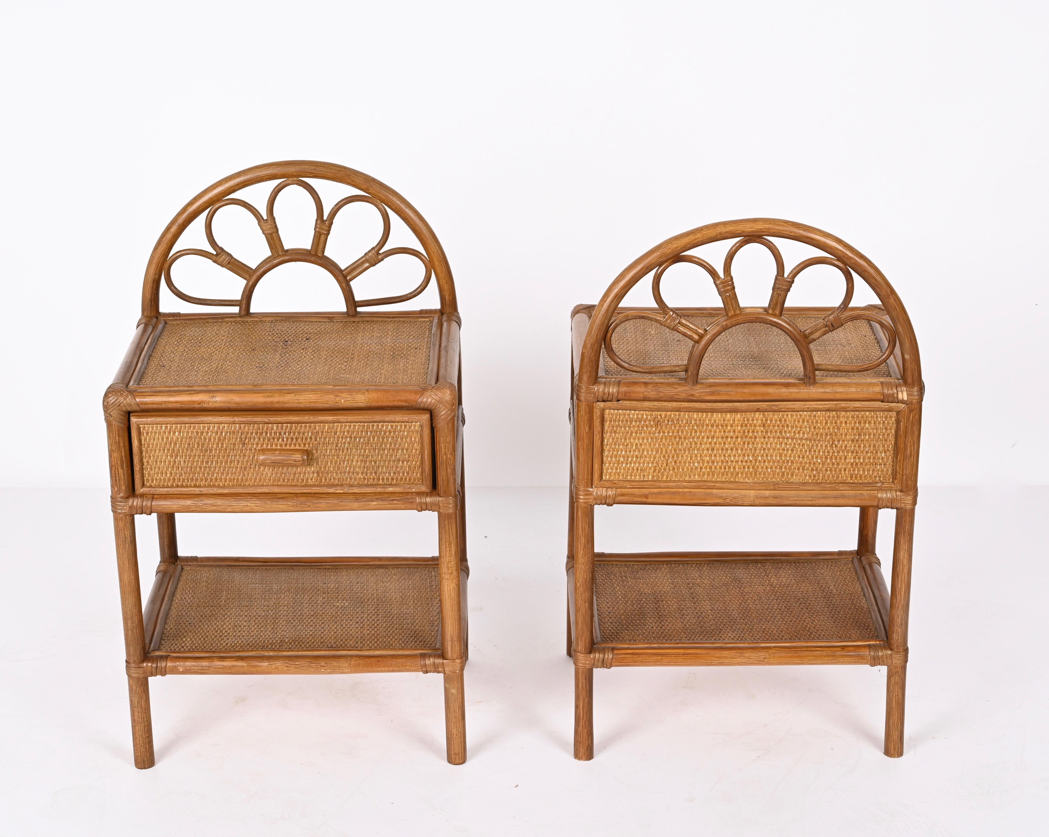 Pair of Mid-Century Modern Bamboo Cane and Rattan Italian Bedside Tables, 1970s 4