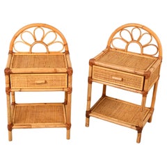 Pair of Mid-Century Modern Bamboo Cane and Rattan Italian Bedside Tables, 1970s