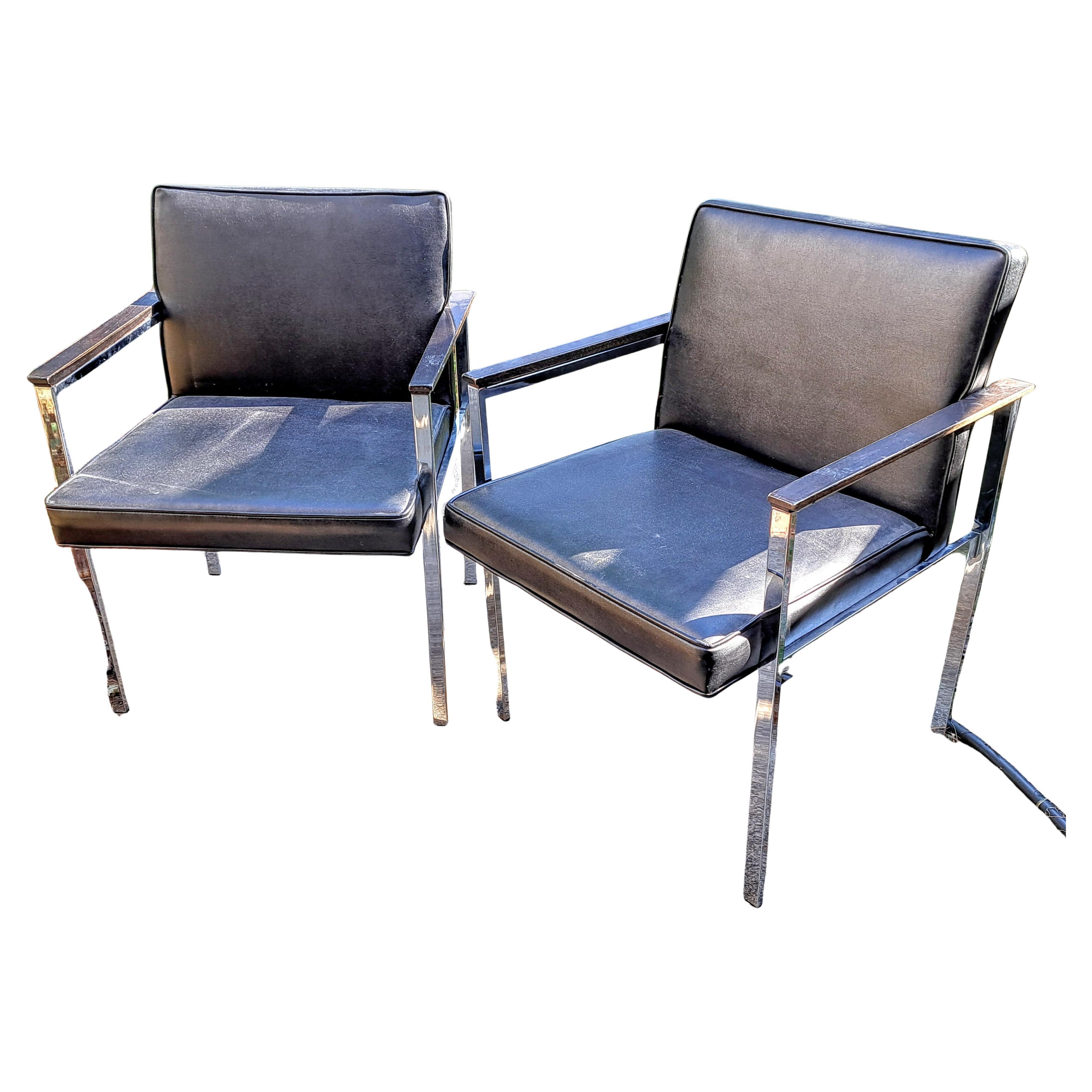 Pair of Mid=Century Modern Black Vinyl and Chrome Paddle Armchairs