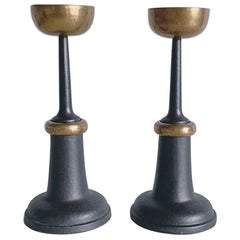 Pair of Midcentury Modern Bronze and Black Cast Iron Candlesticks, 1960s, France