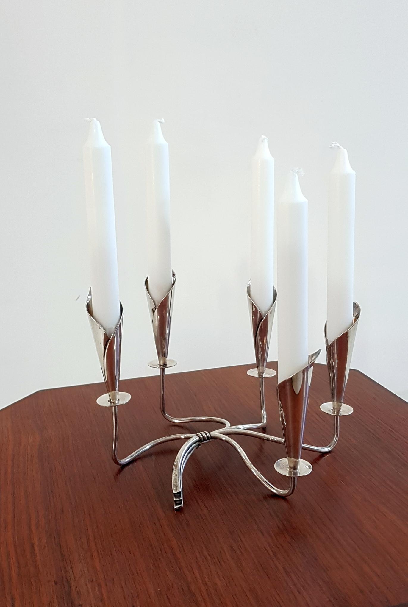 Silver Plate Pair of Mid-Century Modern Candlesticks by Hans Jensen Denmark